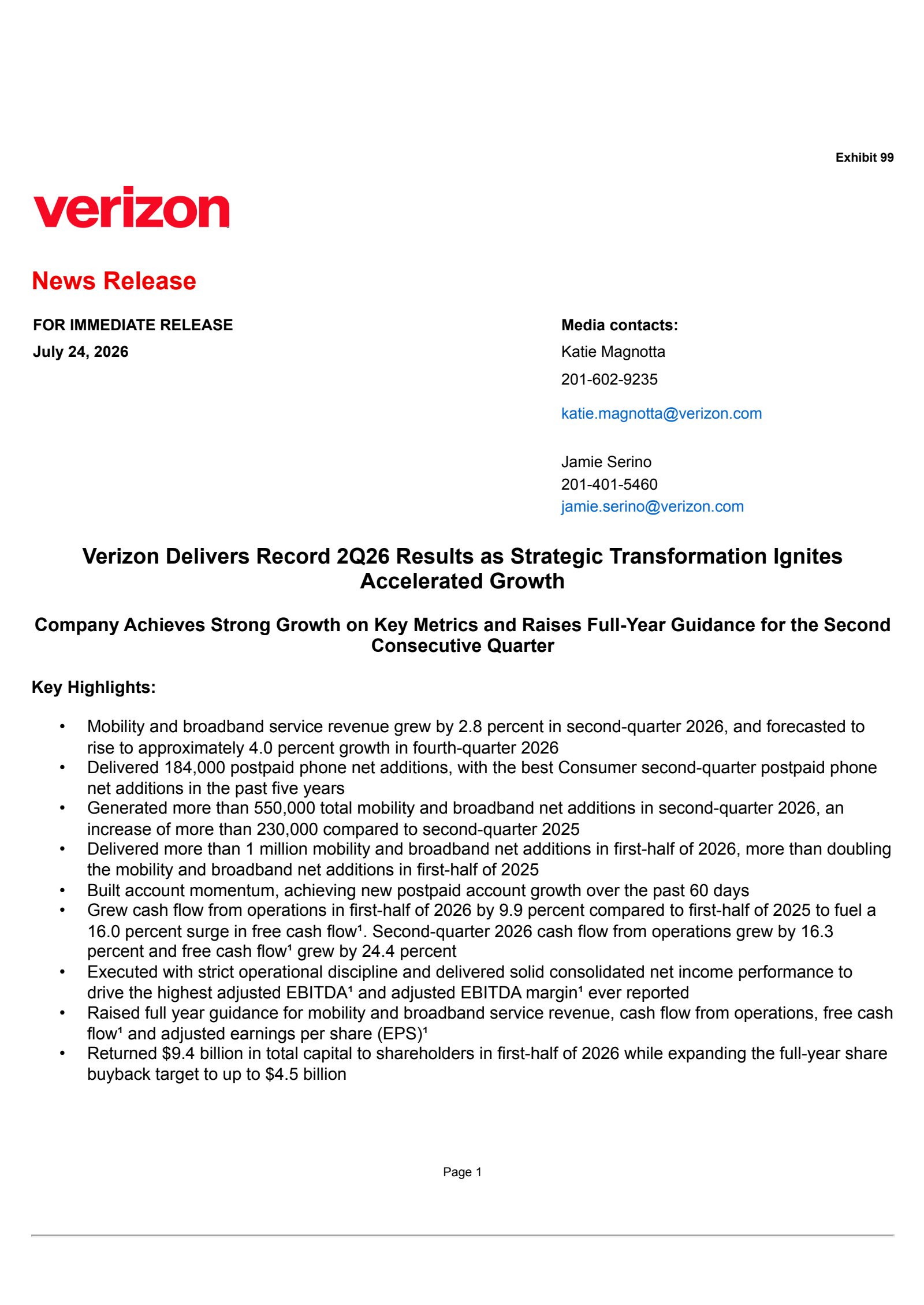 Verizon Communications' Q2 2026 Press Release