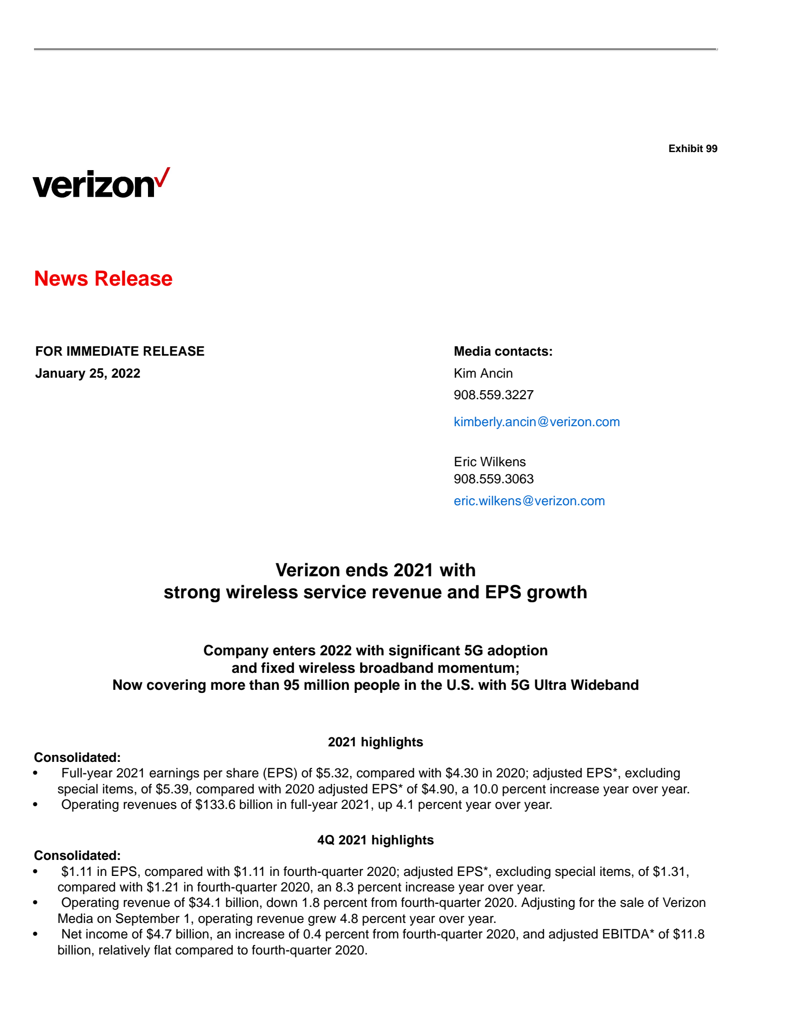 Verizon Communications' Q4 2021 Press Release