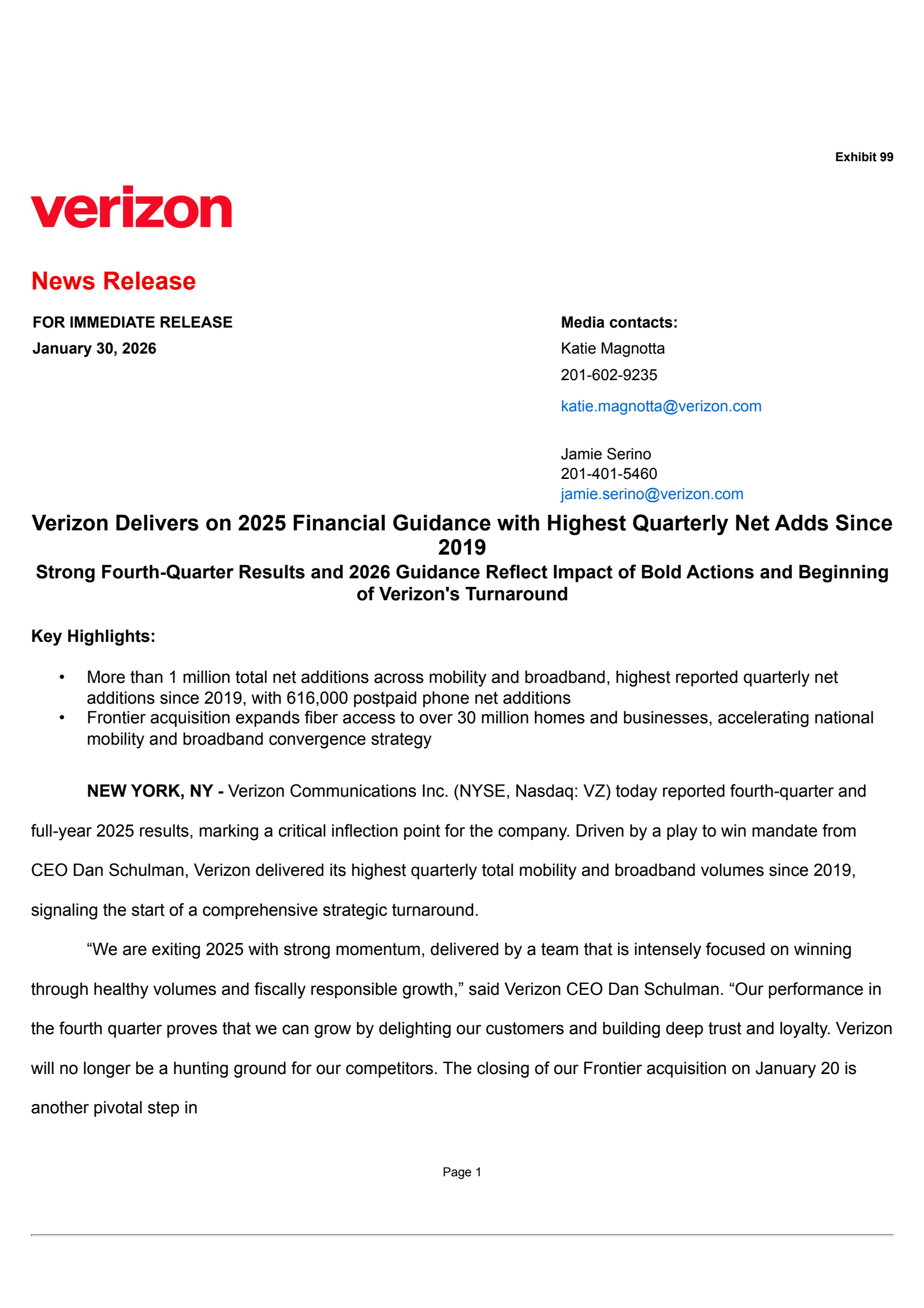 Verizon Communications' Q4 2025 Press Release