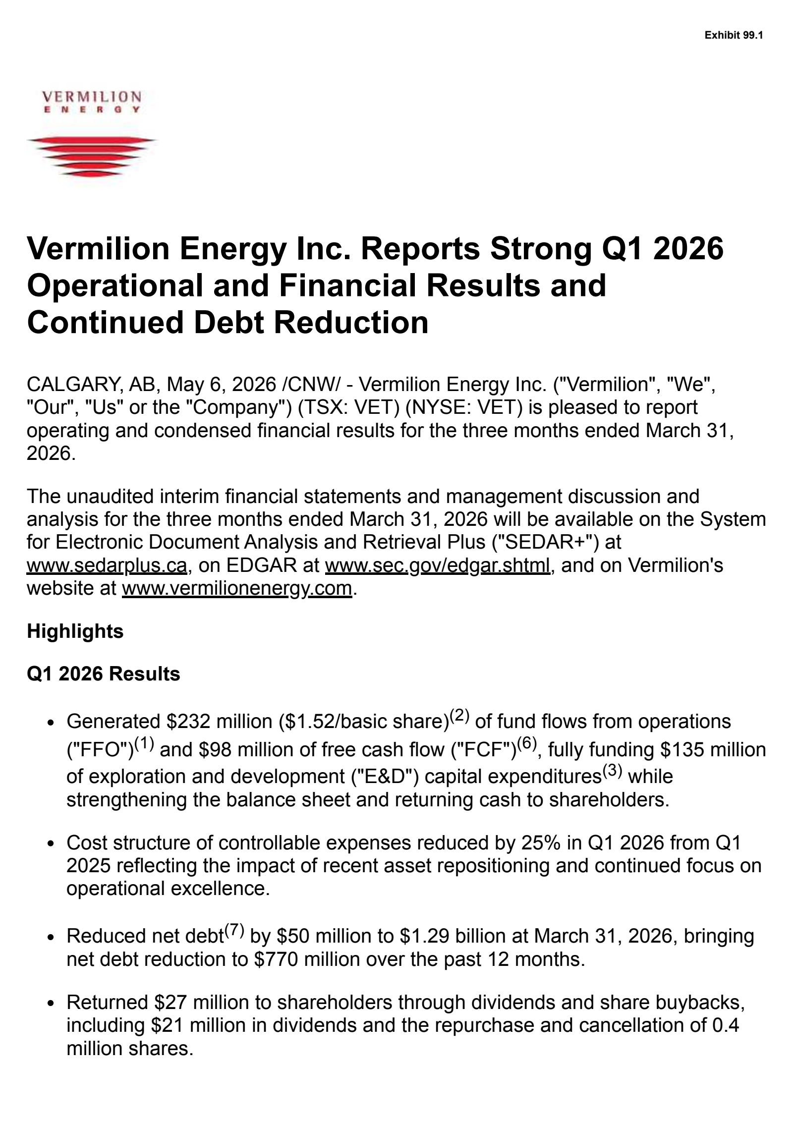 Vermilion Energy's Q1 2026 Press Release