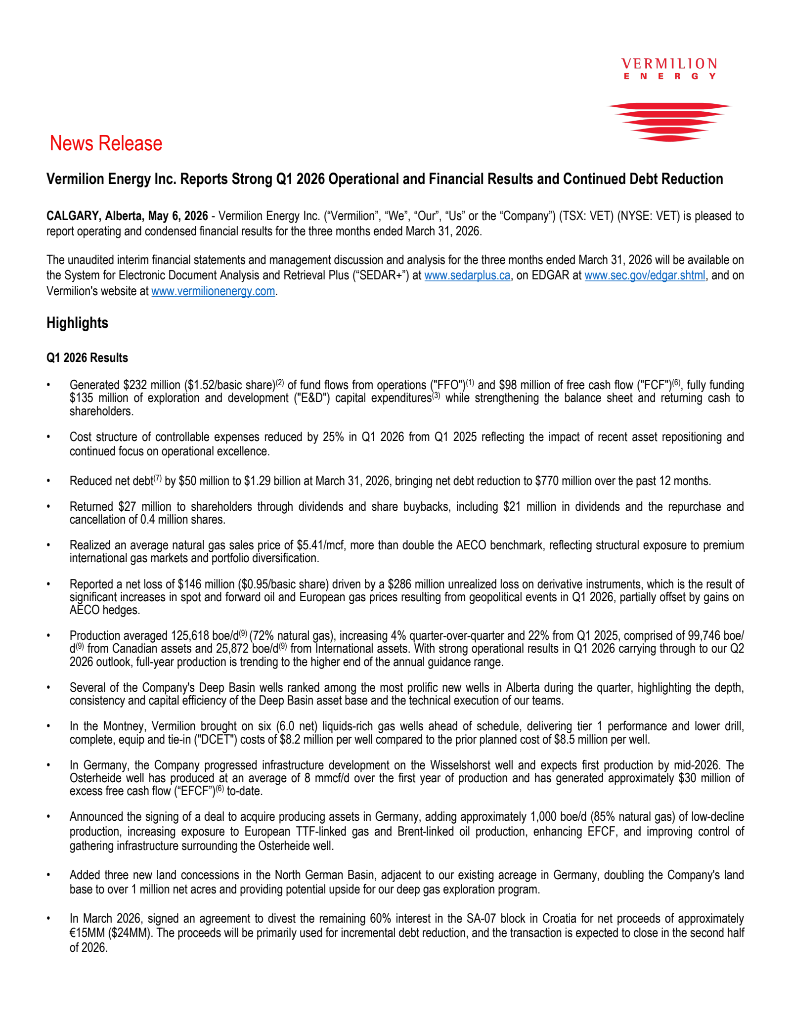 Vermilion Energy's Q1 2026 Press Release