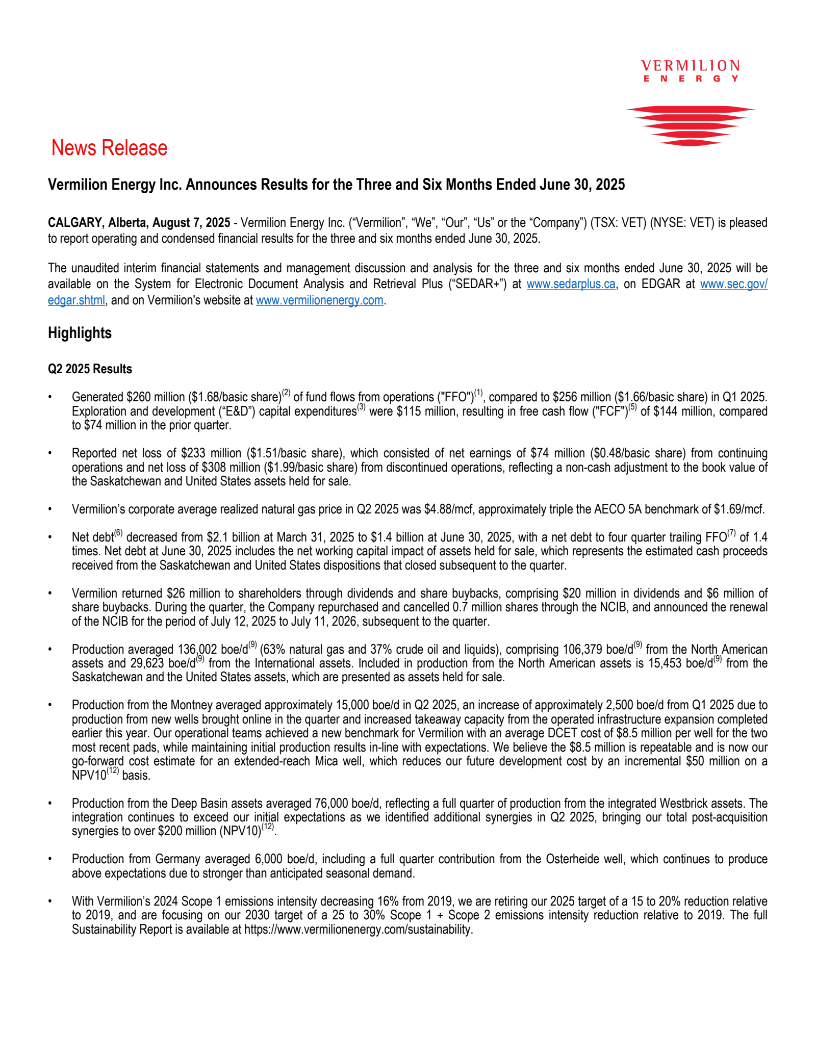 Vermilion Energy's Q2 2025 Press Release