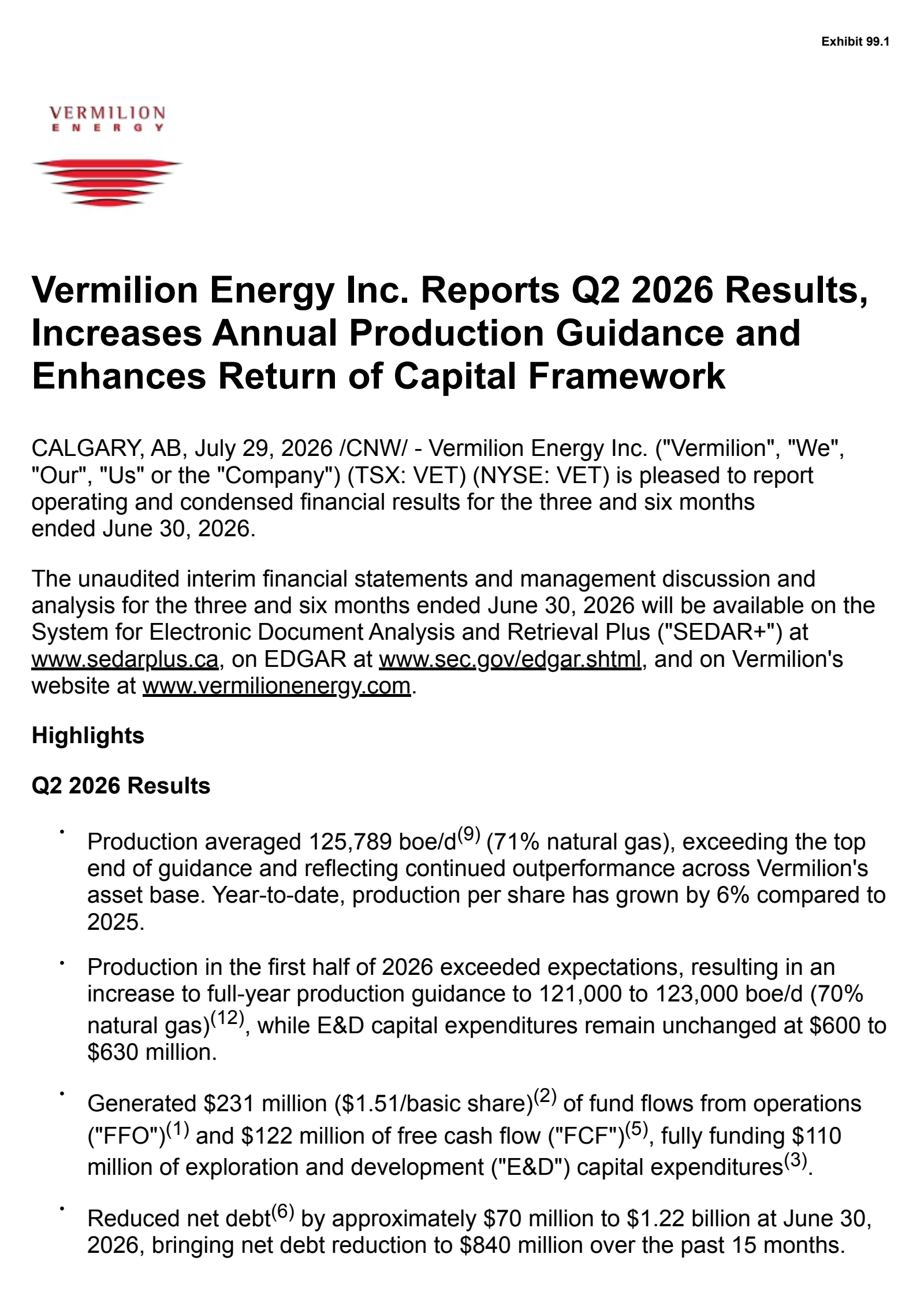 Vermilion Energy's Q2 2026 Press Release