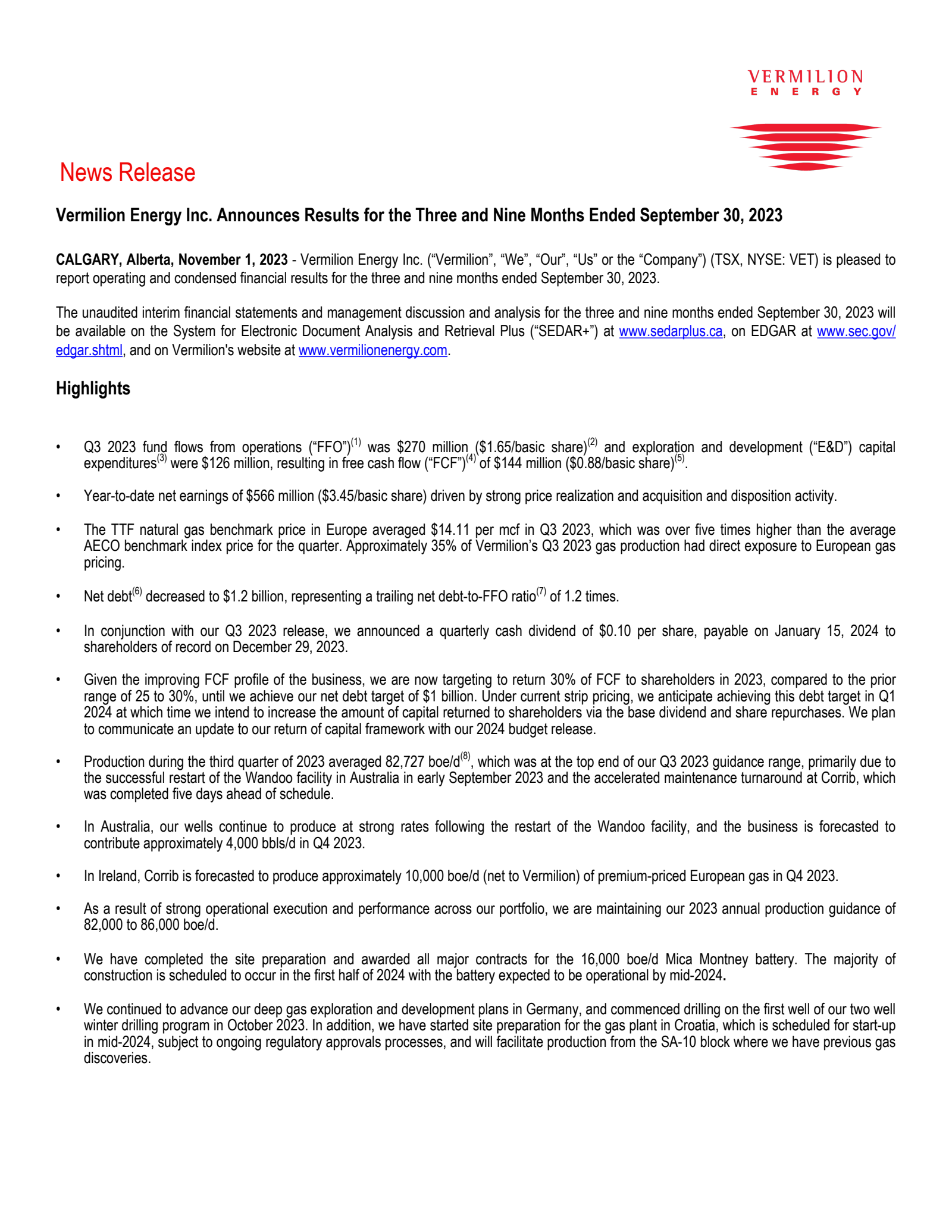 Vermilion Energy's Q3 2023 Interim report