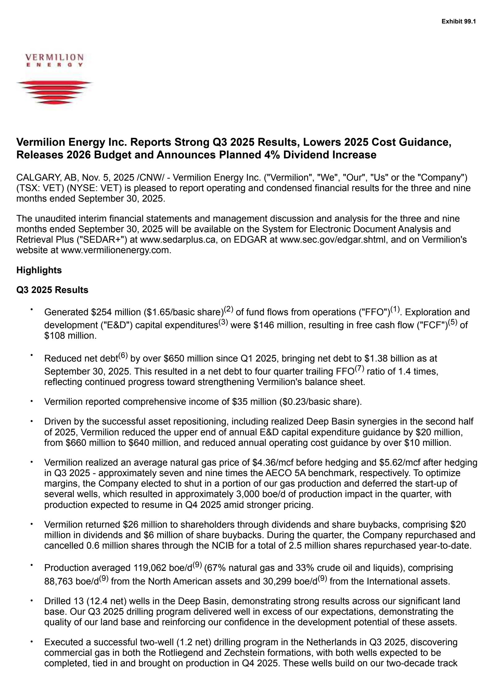Vermilion Energy's Q3 2025 Earnings Release
