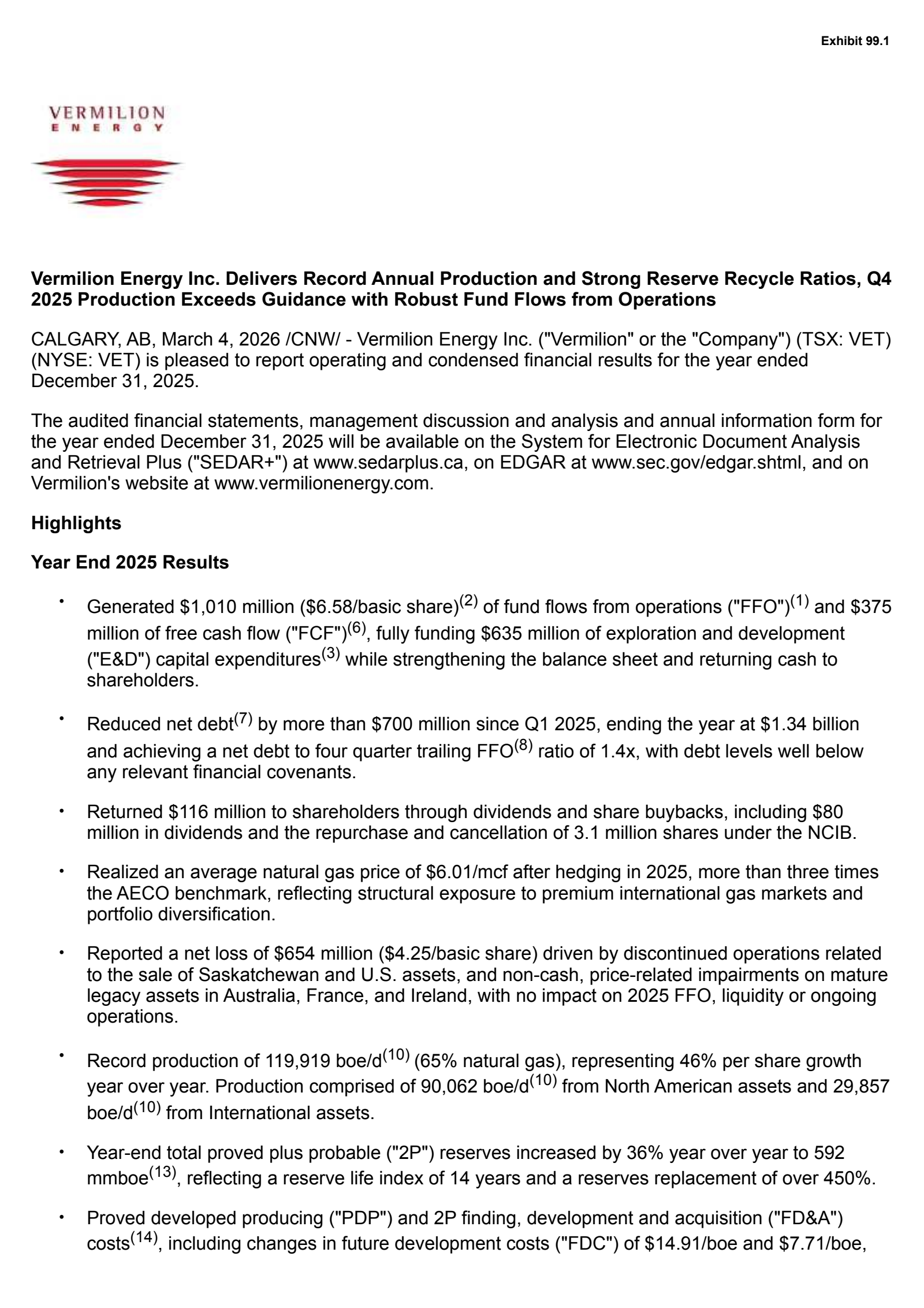 Vermilion Energy's Q4 2025 Press Release