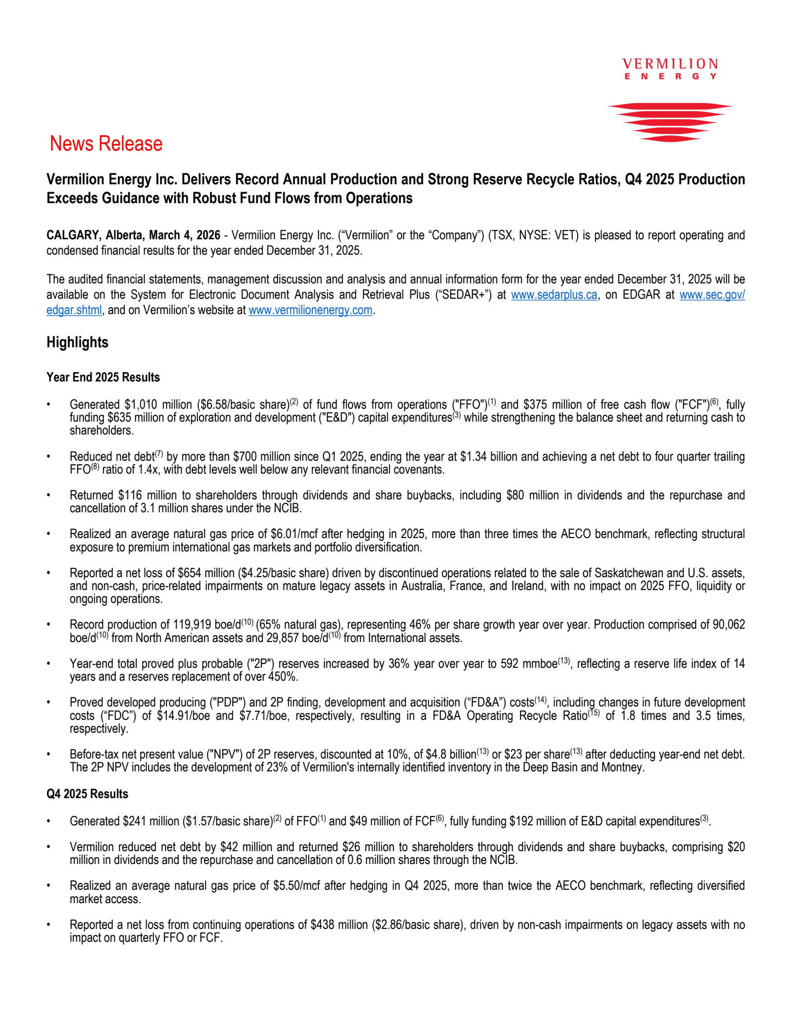 Vermilion Energy's Q4 2025 Press Release