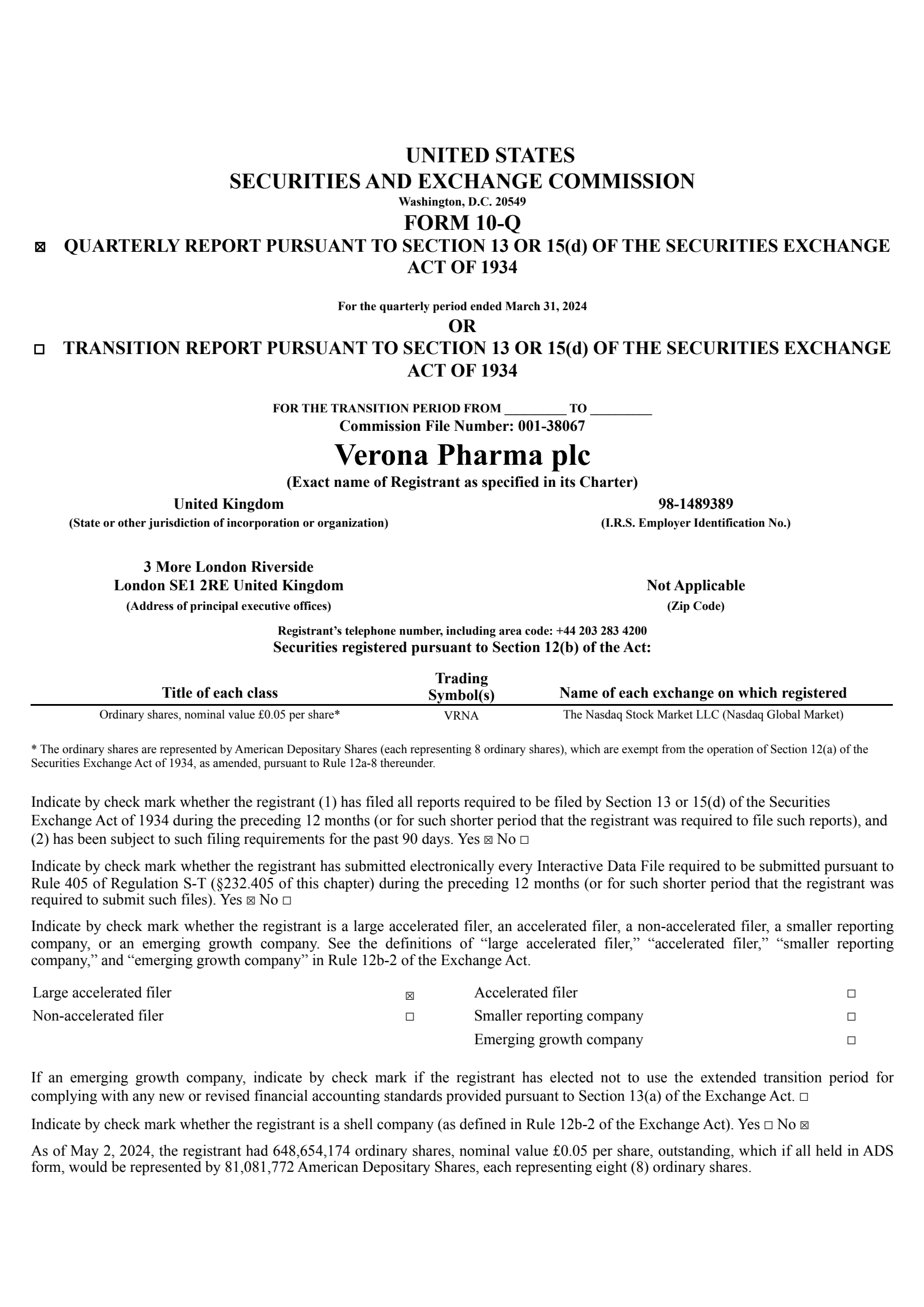 Verona Pharma's Q1 2024 Quarterly report