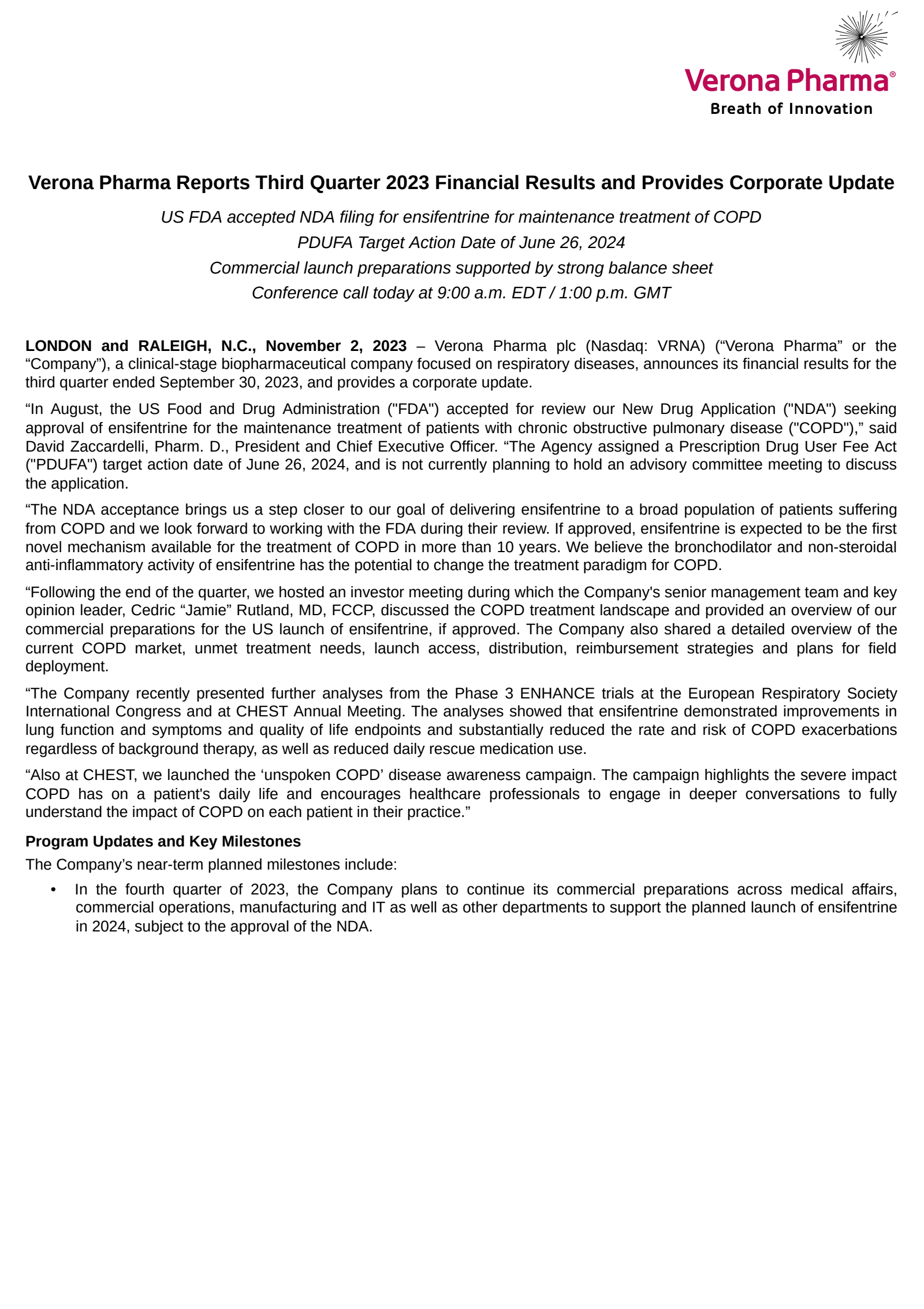 Verona Pharma's Q3 2023 Press Release