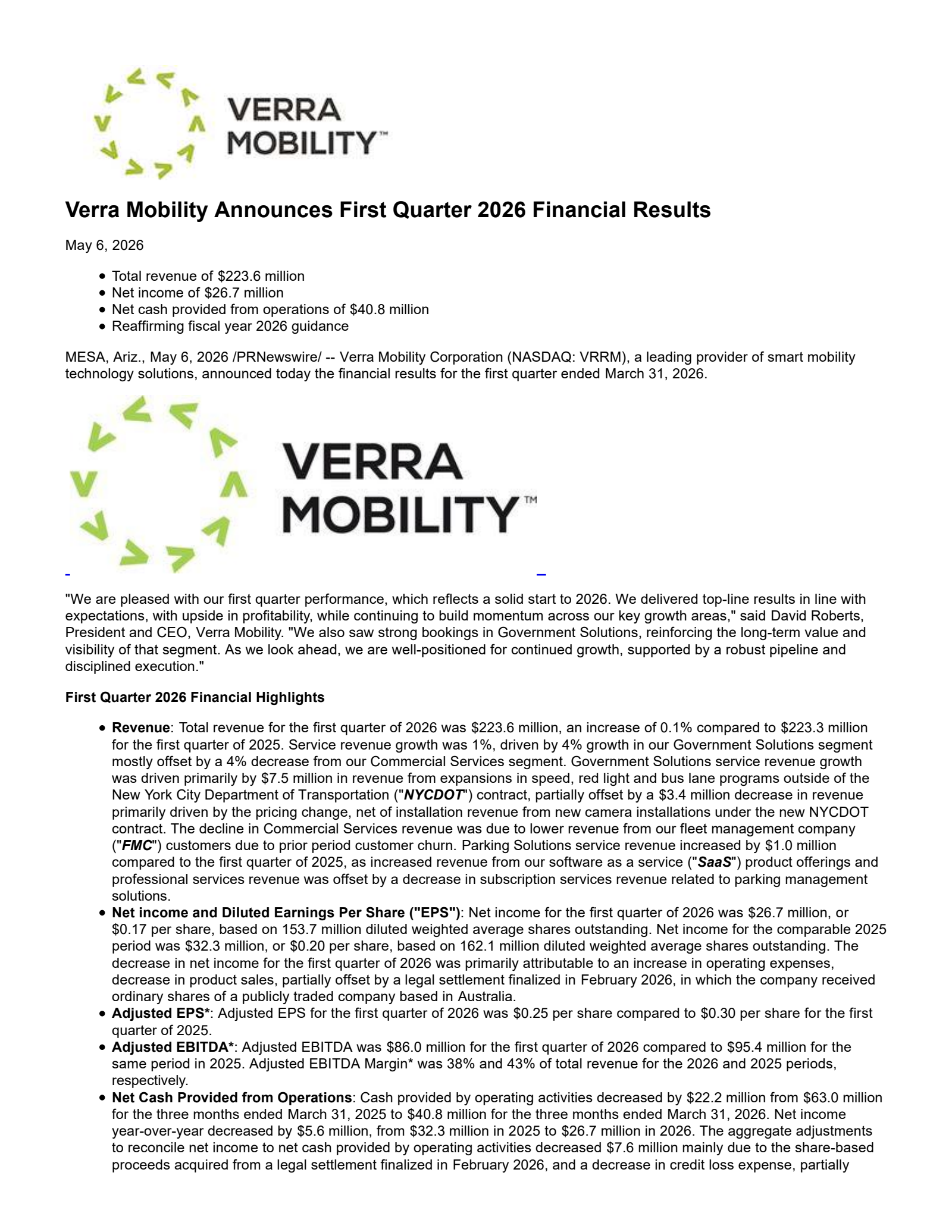 Verra Mobility's Q1 2026 Press Release