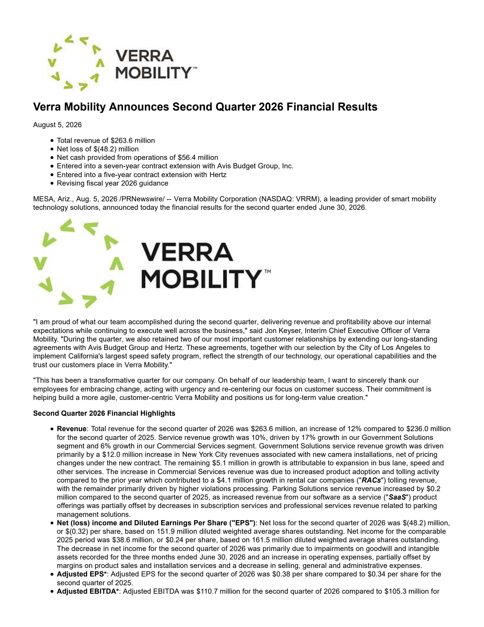 Verra Mobility's Q2 2026 Press Release