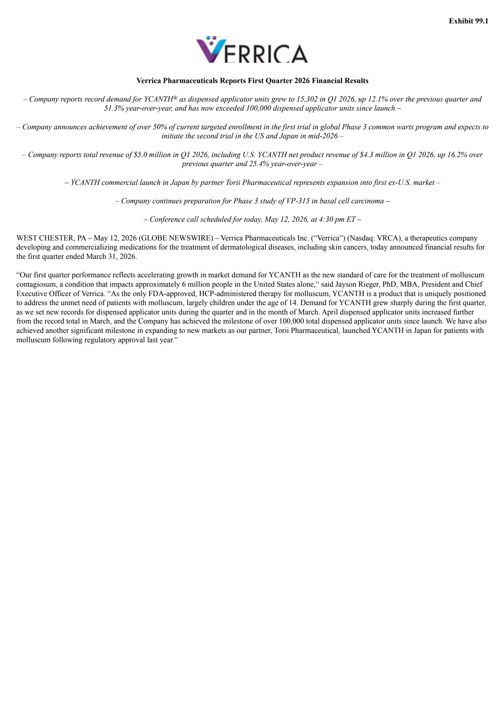 Verrica Pharmaceuticals' Q1 2026 Press Release