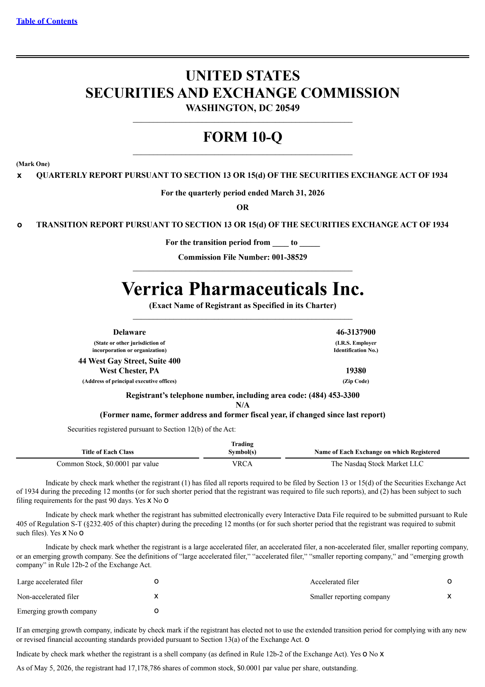 Verrica Pharmaceuticals' Q1 2026 Quarterly report