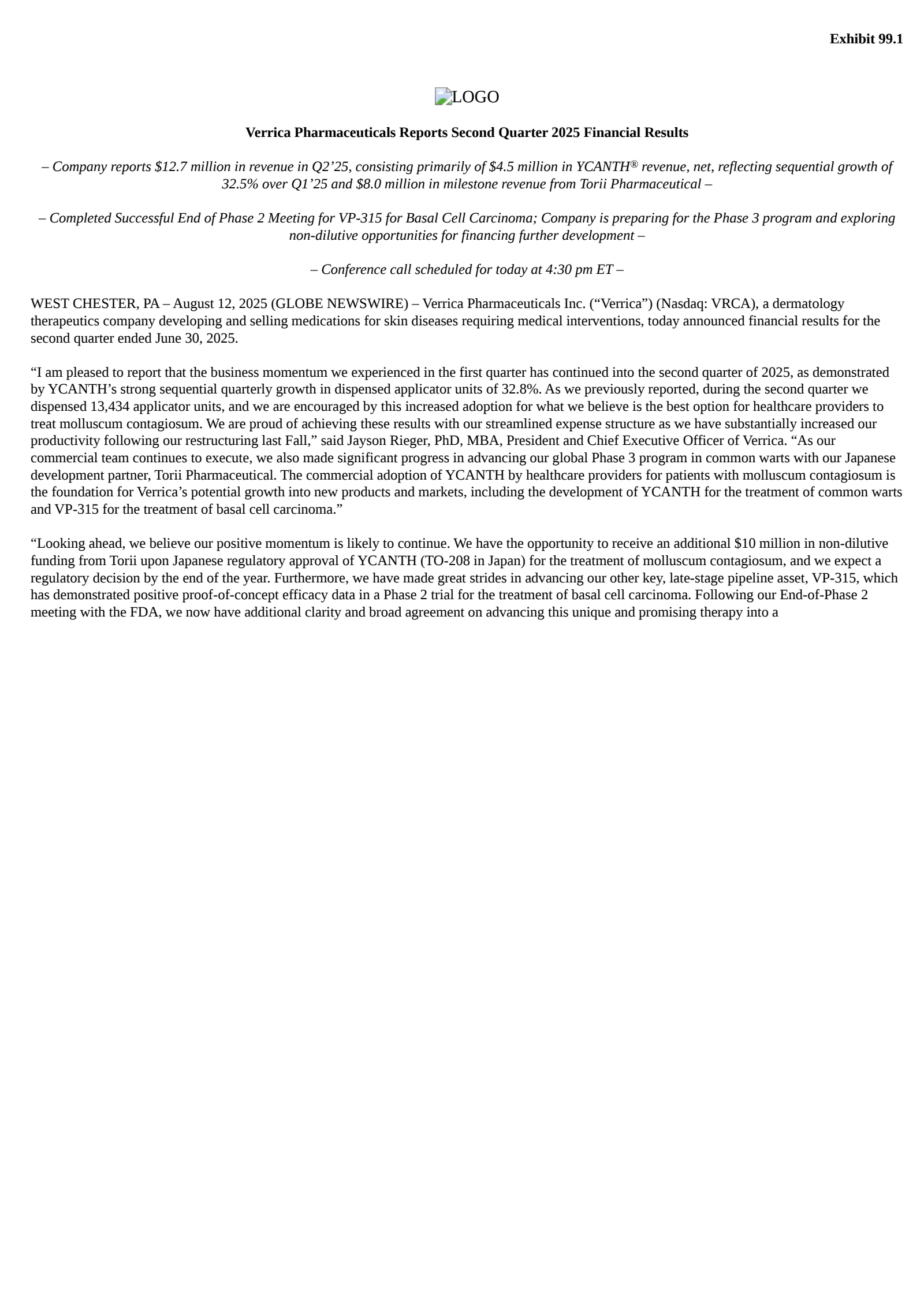 Verrica Pharmaceuticals' Q2 2025 Press Release
