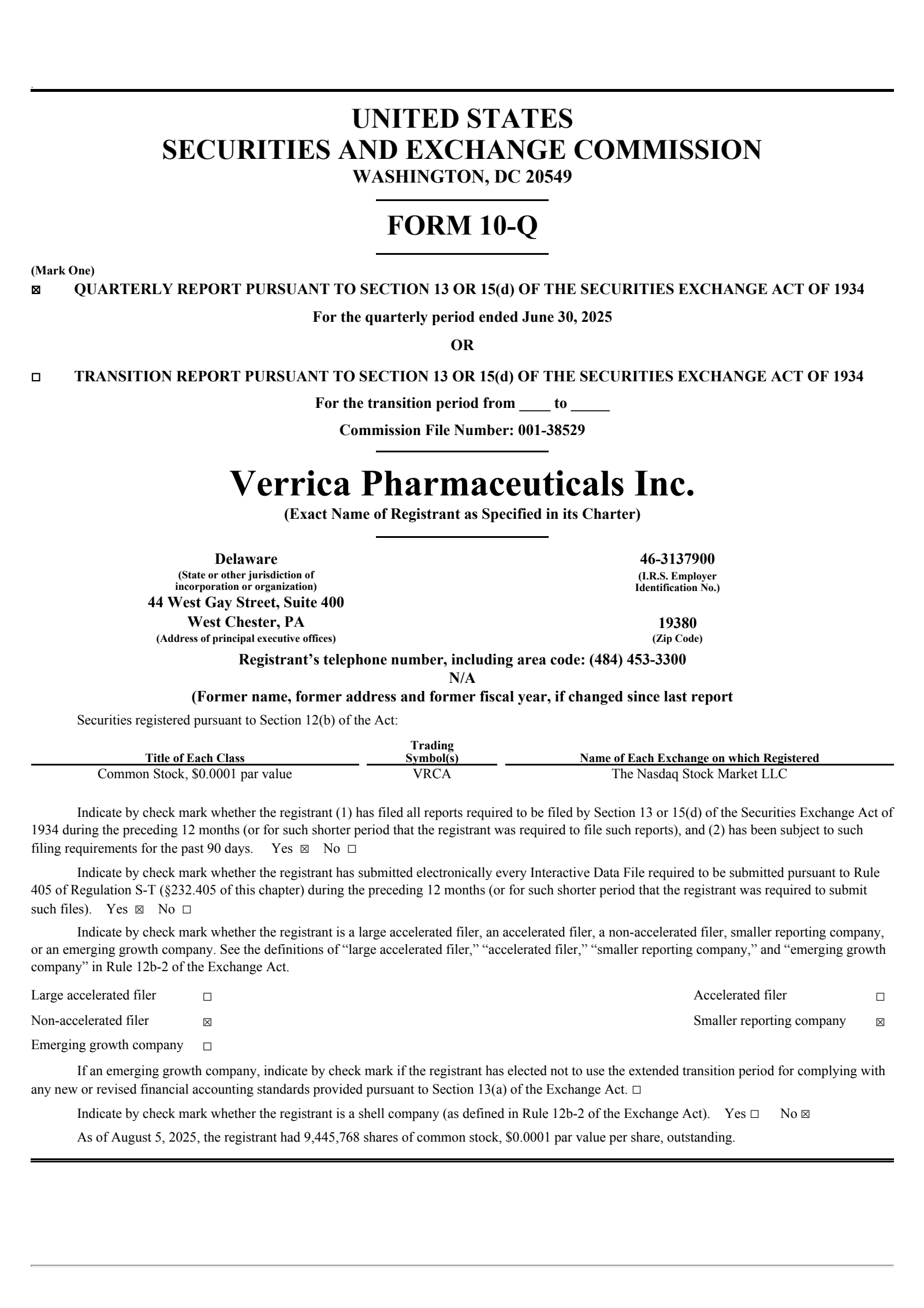 Verrica Pharmaceuticals' Q2 2025 Quarterly report