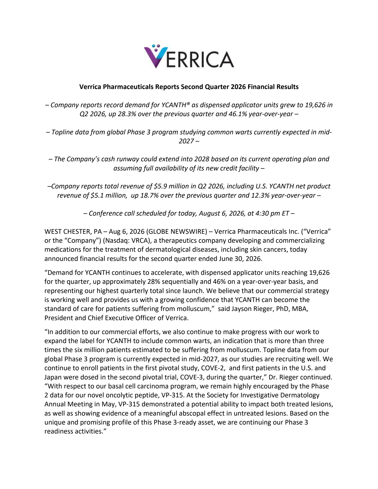 Verrica Pharmaceuticals' Q2 2026 Press Release