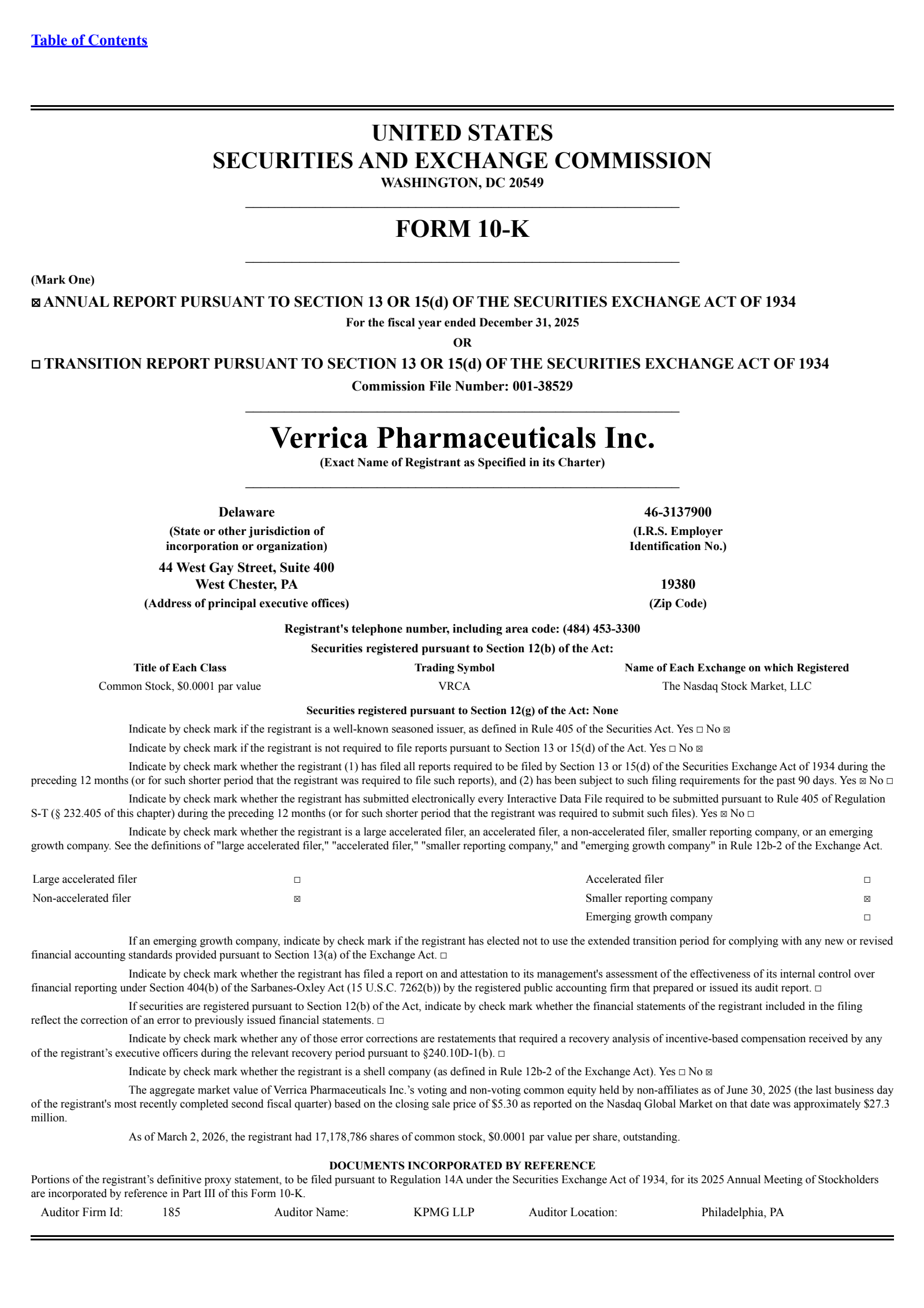 Verrica Pharmaceuticals' Q4 2025 Annual report