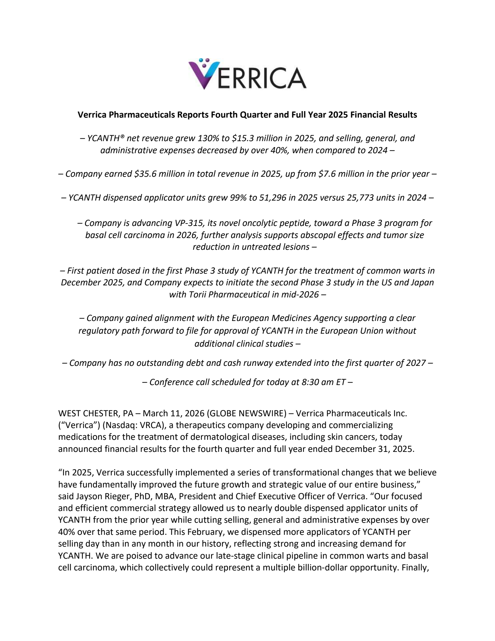Verrica Pharmaceuticals' Q4 2025 Press Release