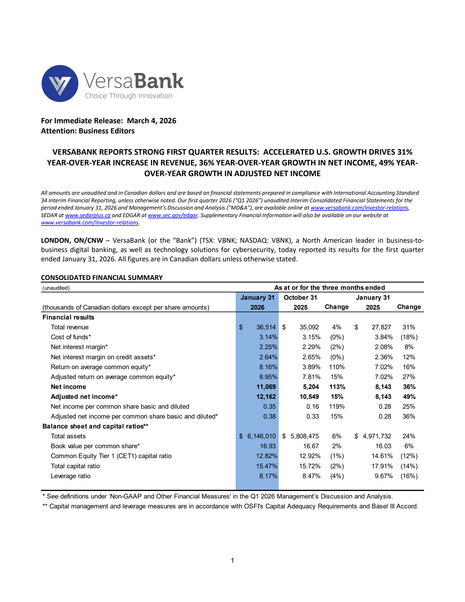 VersaBank's Q1 2026 Press Release