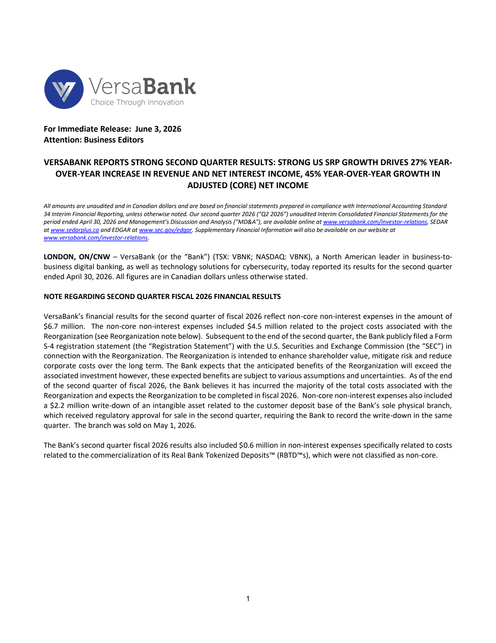 VersaBank's Q2 2026 Press Release