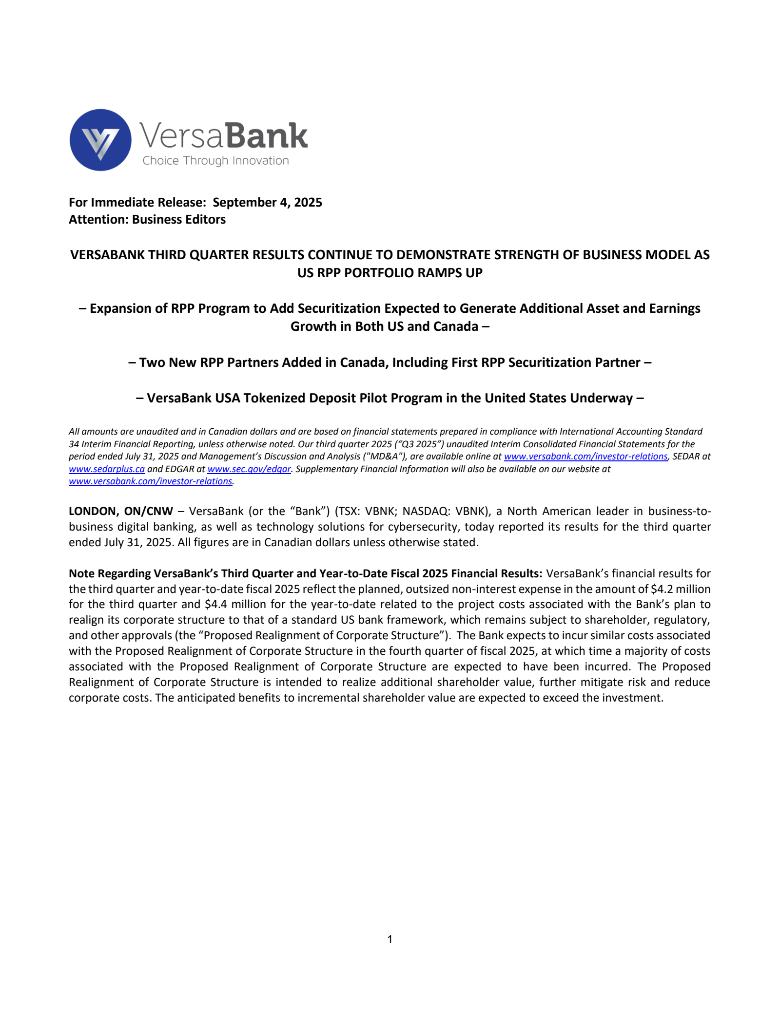 VersaBank's Q3 2025 Press Release