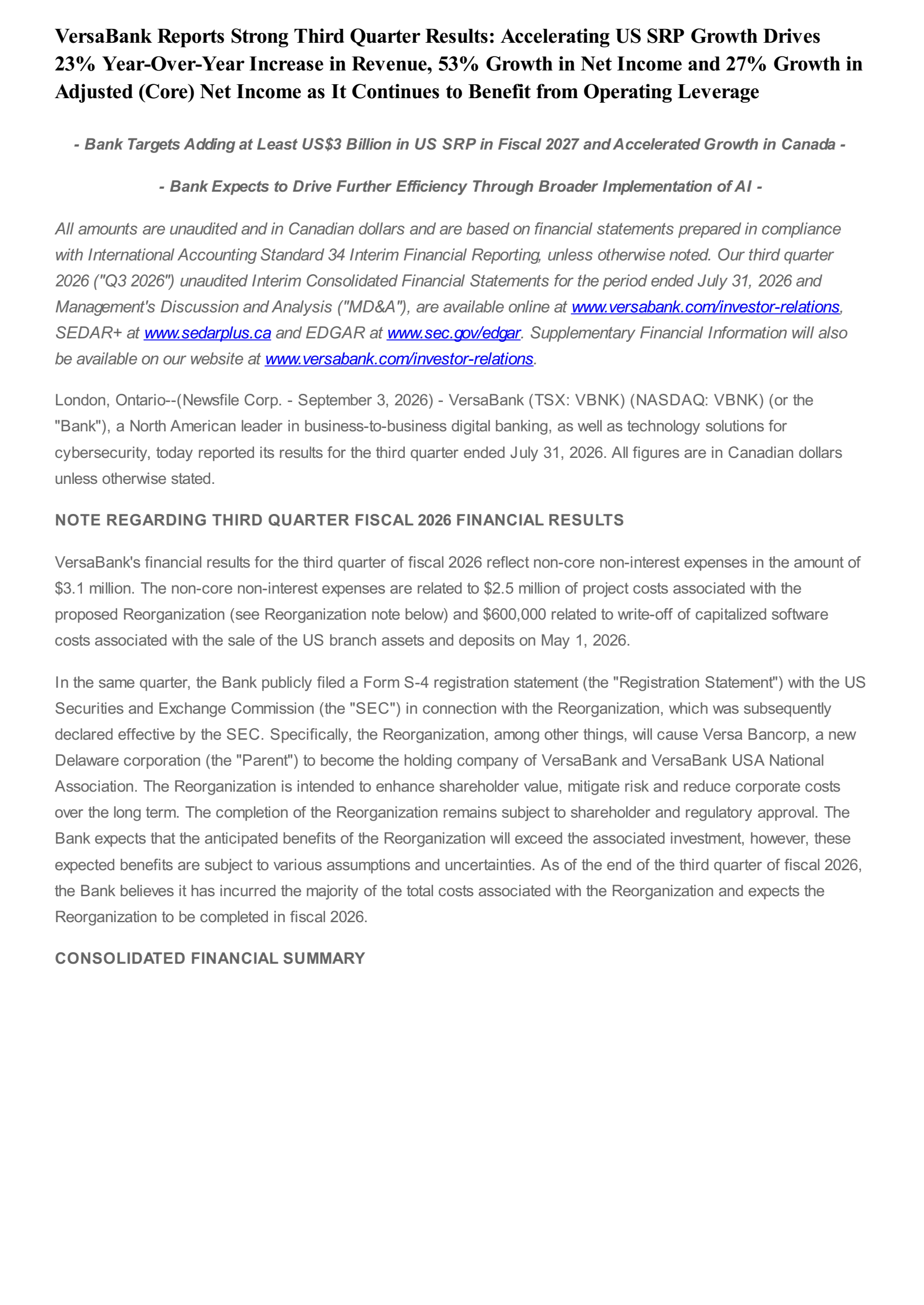 VersaBank's Q3 2026 Press Release