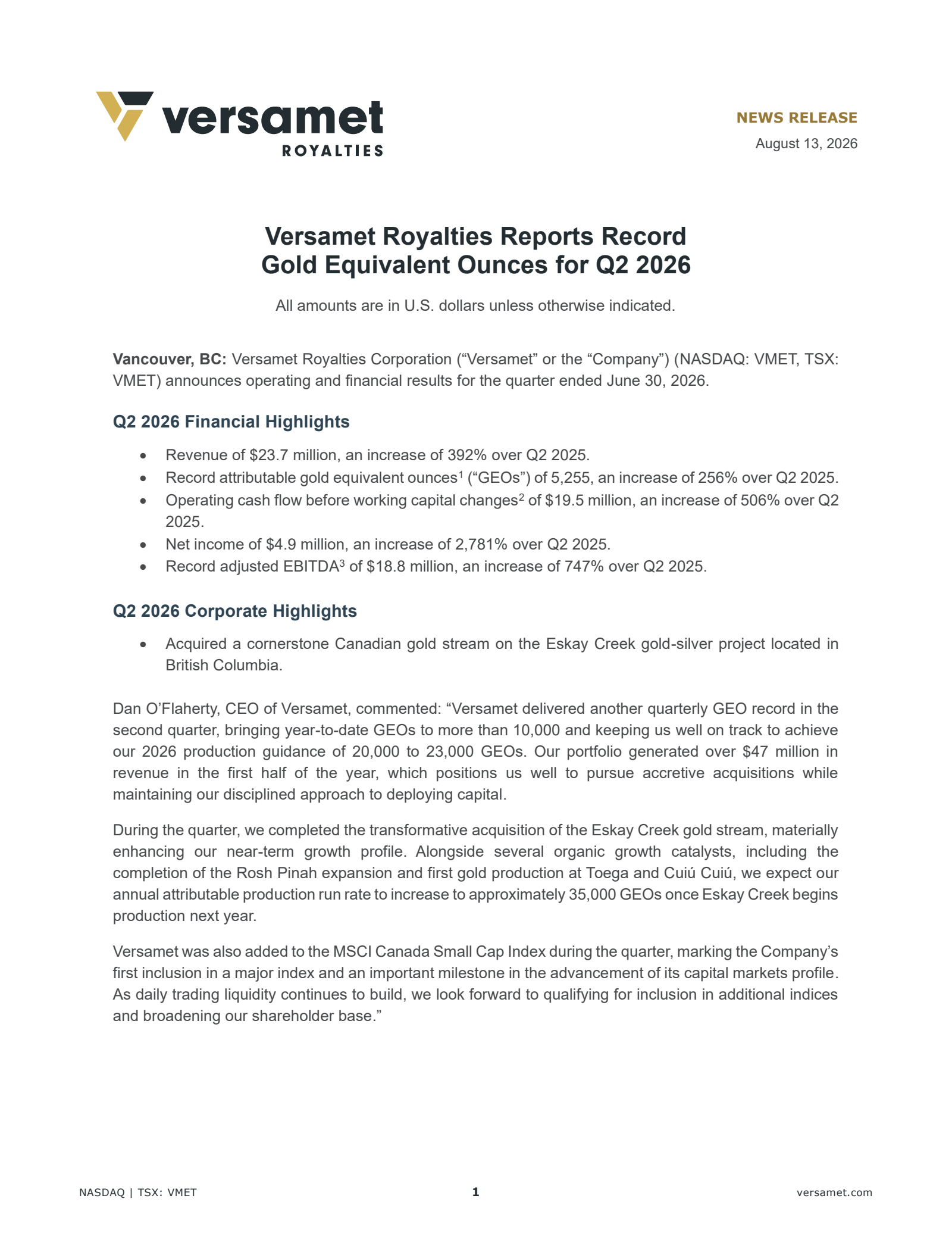 Versamet Royalties' Q2 2026 Press Release