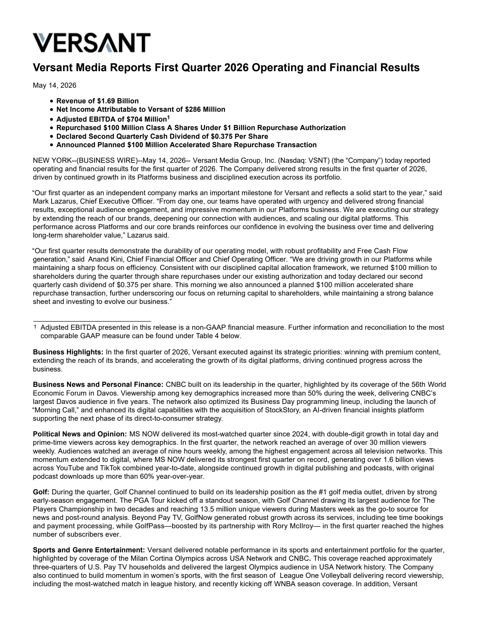 Versant's Q1 2026 Press Release