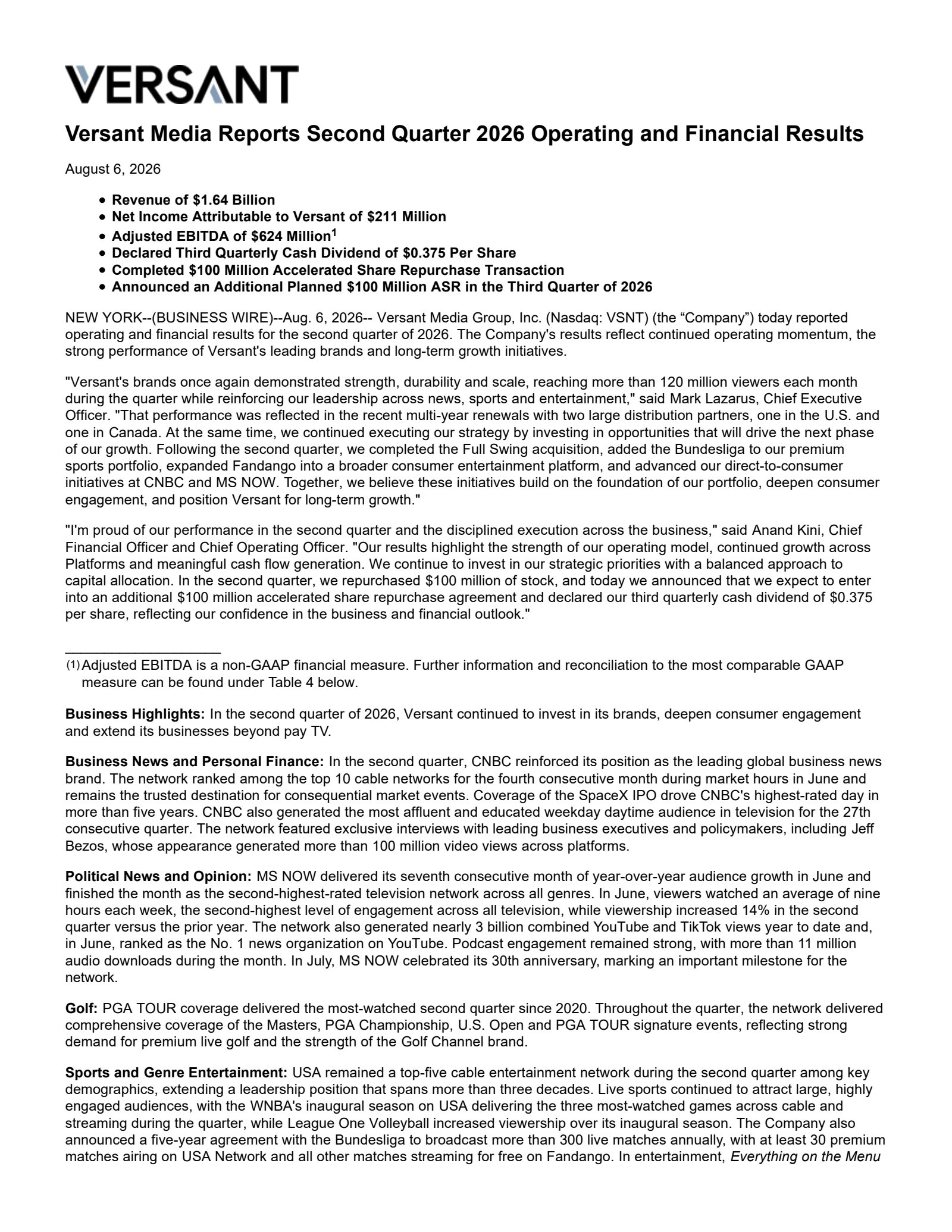 Versant's Q2 2026 Press Release