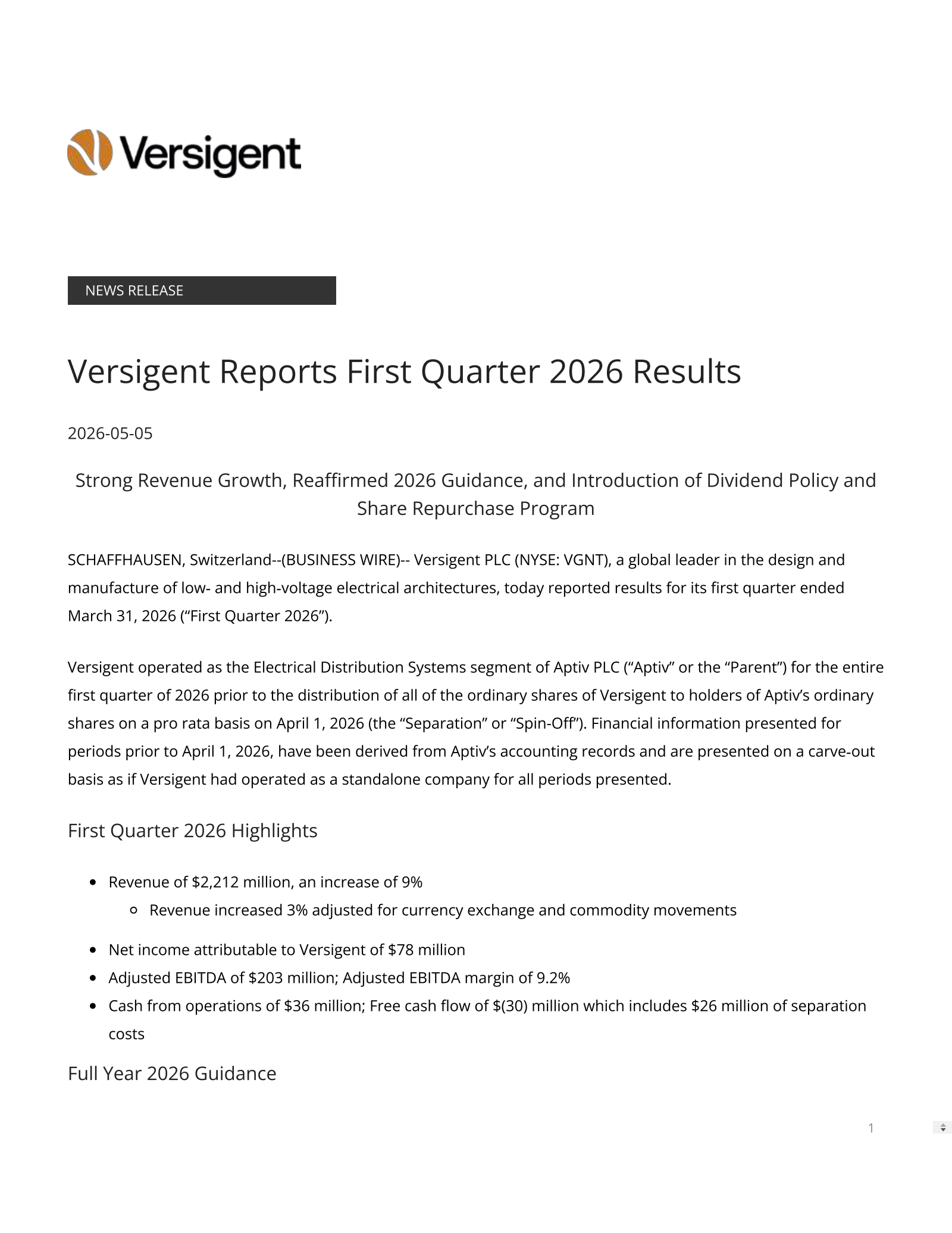 Versigent's Q1 2026 Press Release