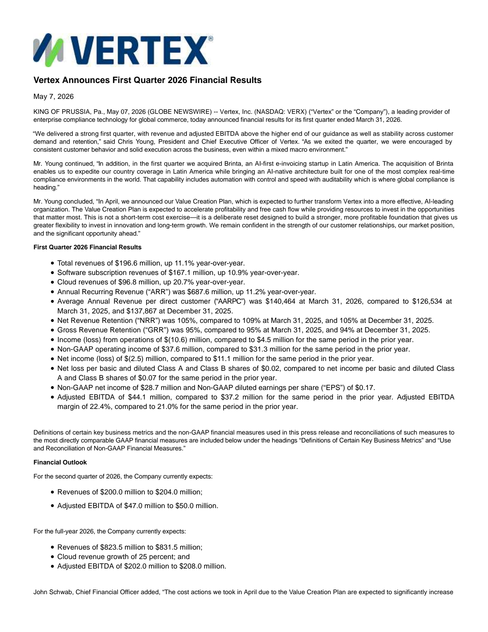 Vertex's Q1 2026 Press Release