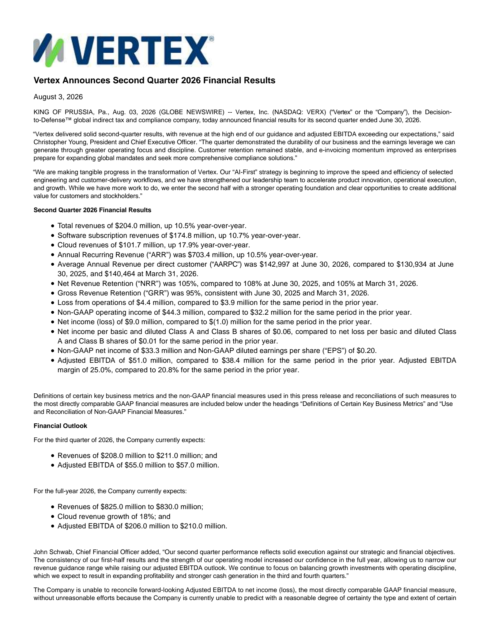Vertex's Q2 2026 Press Release