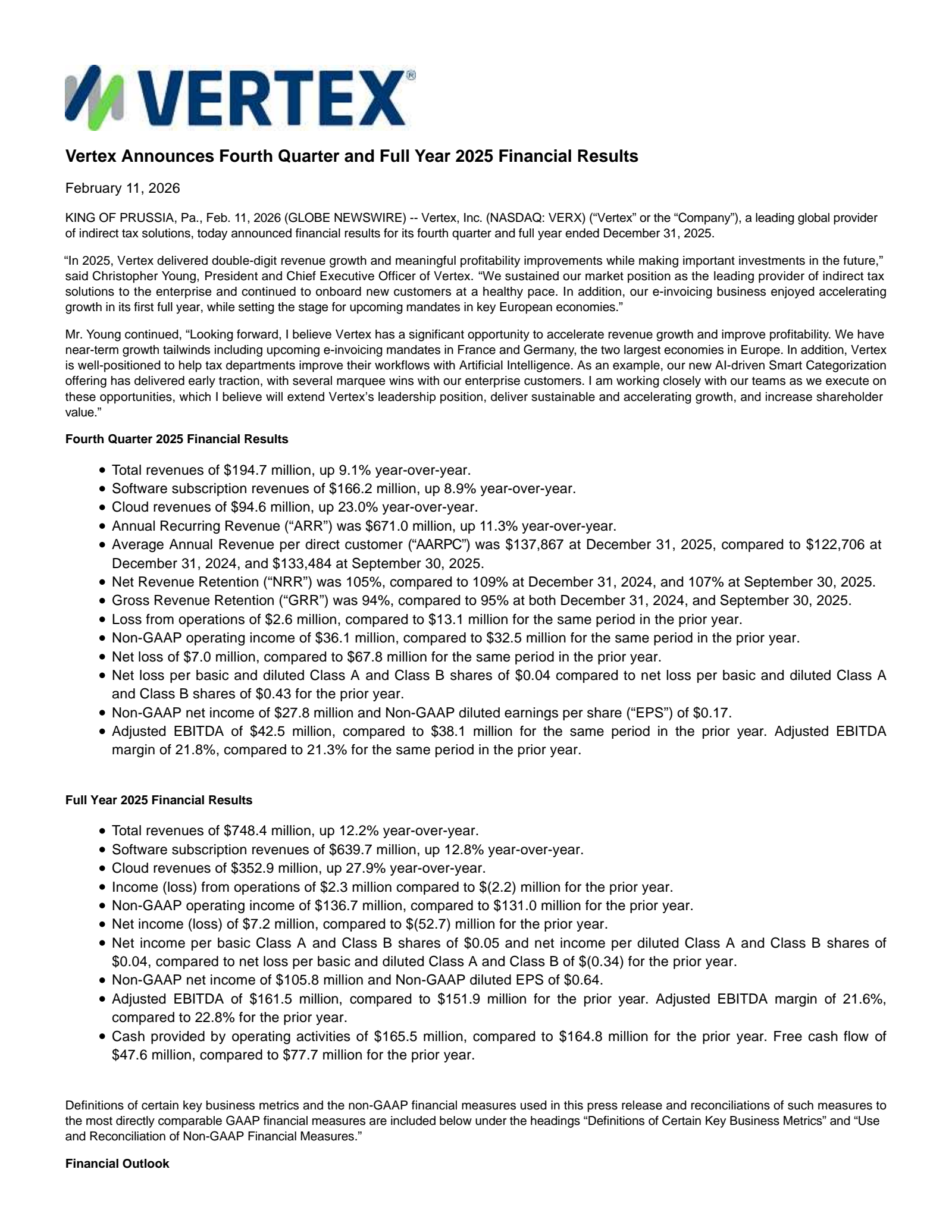 Vertex's Q4 2025 Press Release