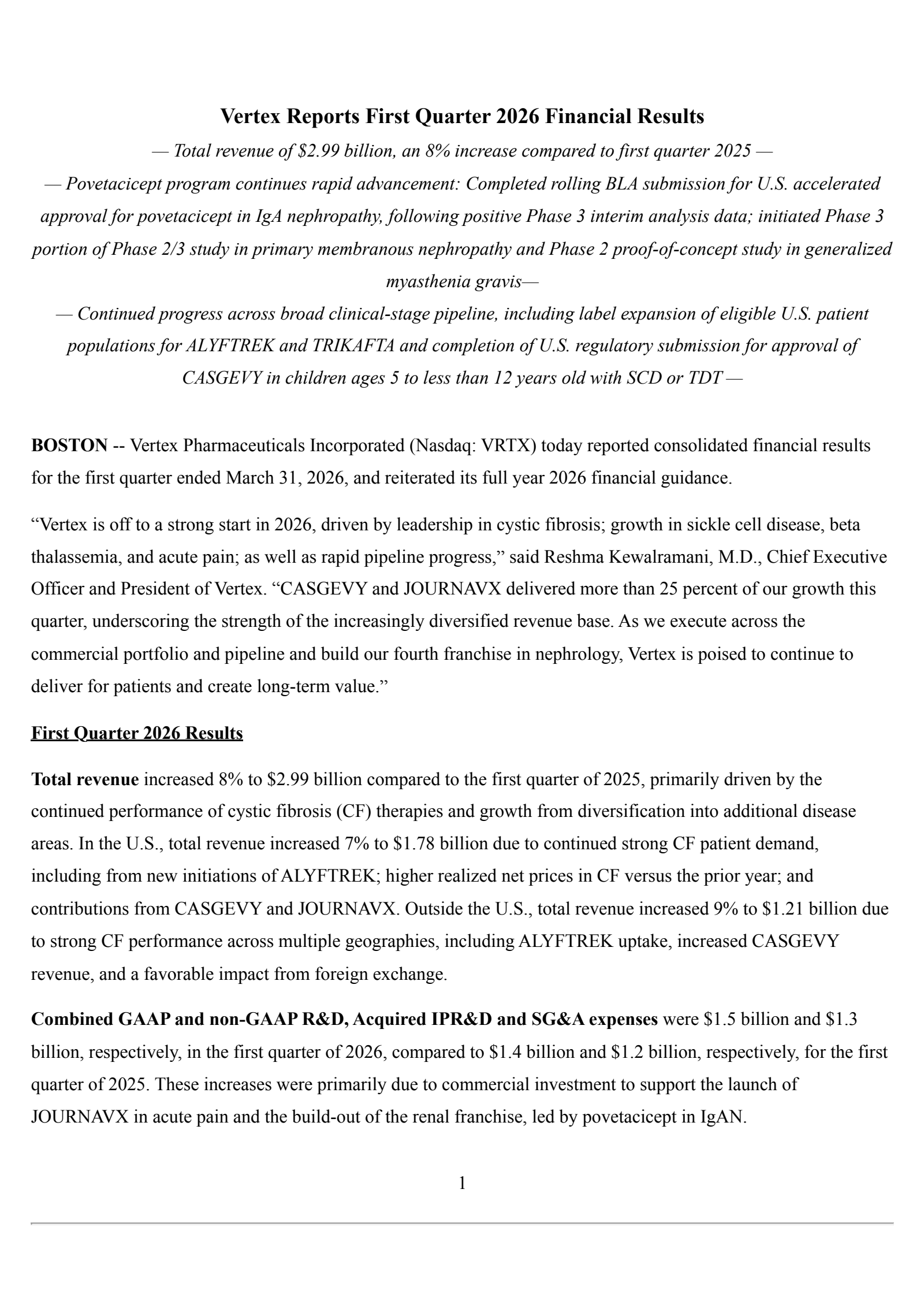 Vertex Pharmaceuticals' Q1 2026 Press Release