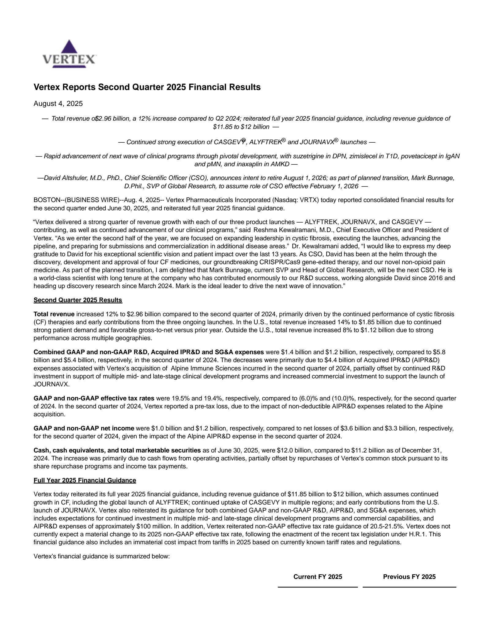 Vertex Pharmaceuticals' Q2 2025 Press Release
