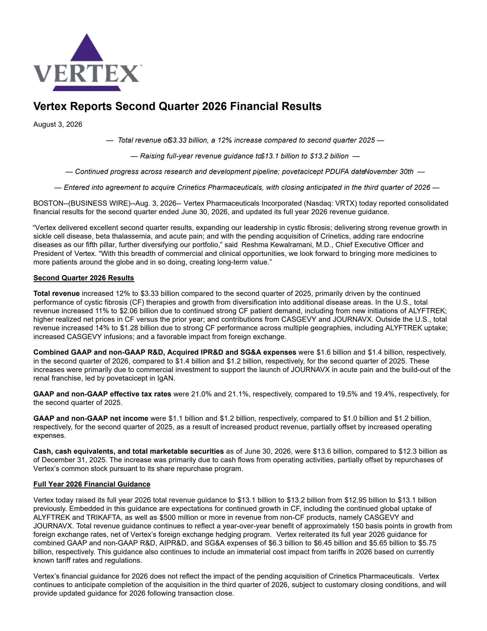 Vertex Pharmaceuticals' Q2 2026 Press Release