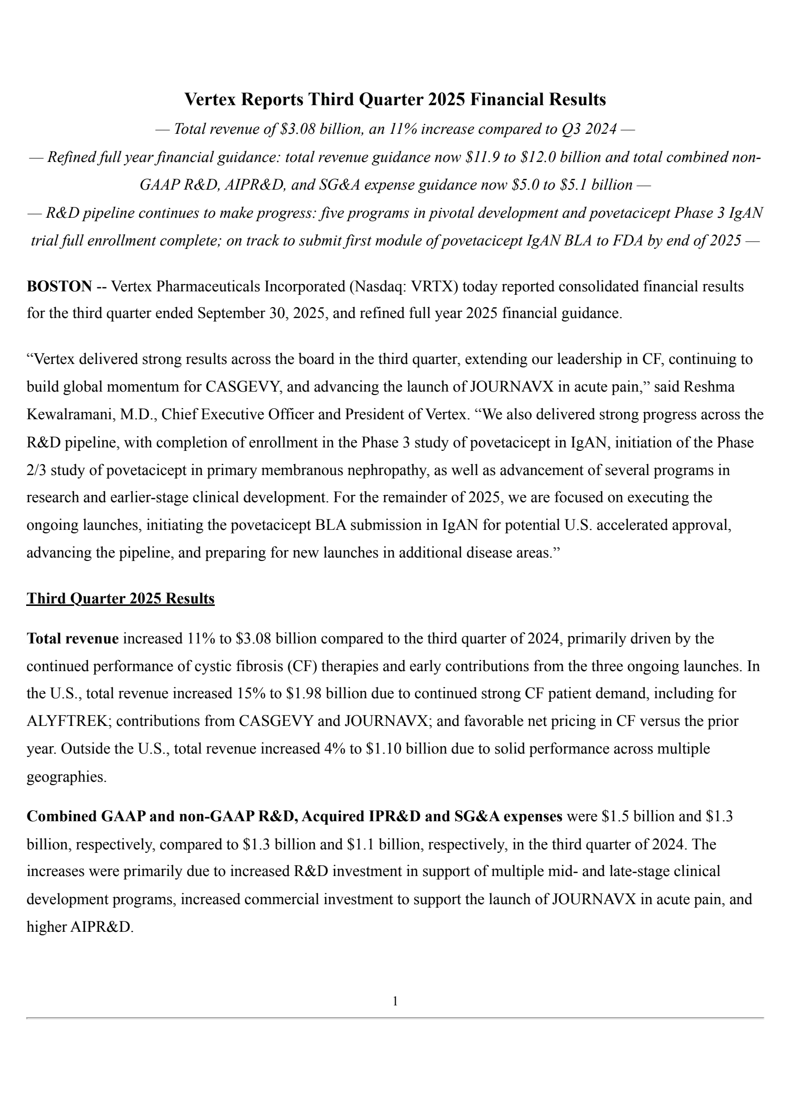 Vertex Pharmaceuticals' Q3 2025 Earnings Release