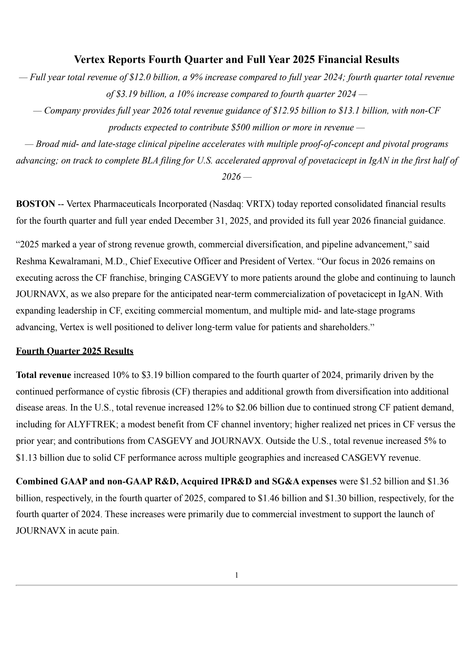 Vertex Pharmaceuticals' Q4 2025 Press Release