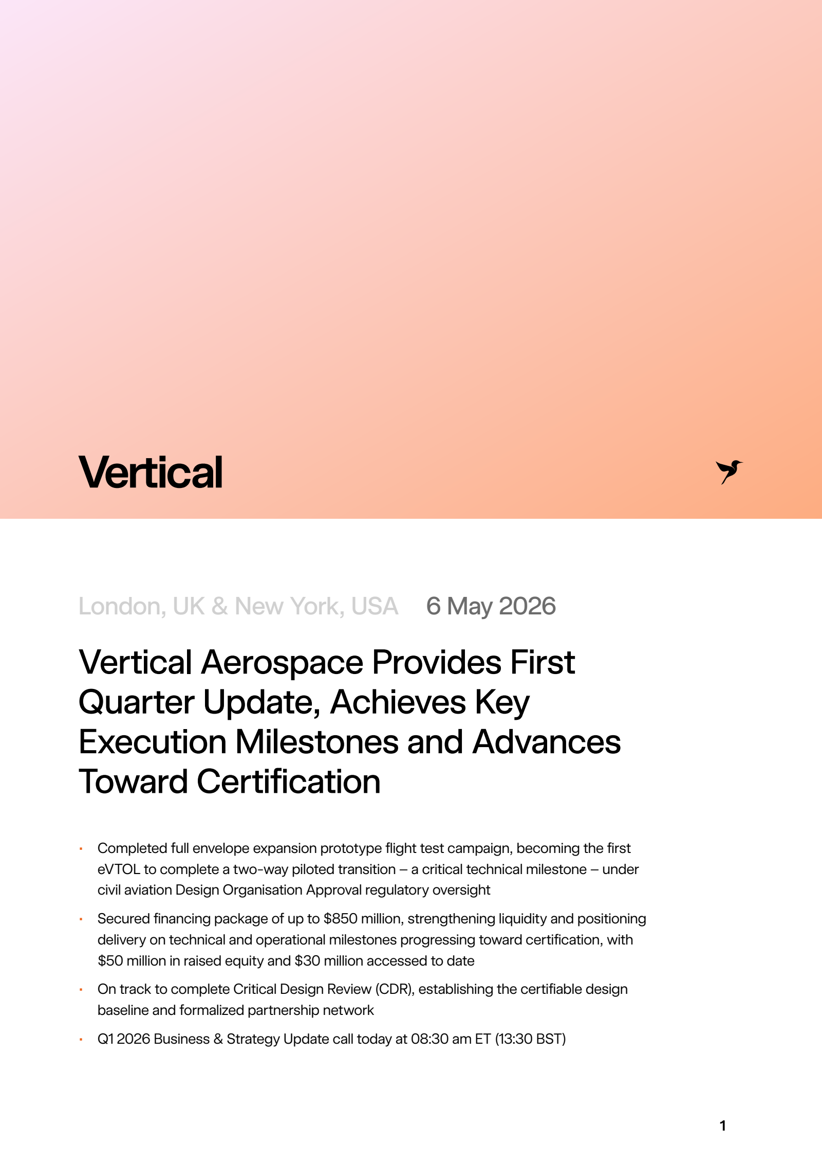 Vertical Aerospace's Q1 2026 Press Release