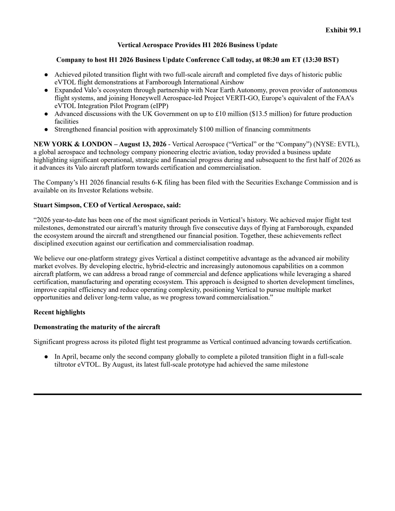 Vertical Aerospace's Q2 2026 Press Release