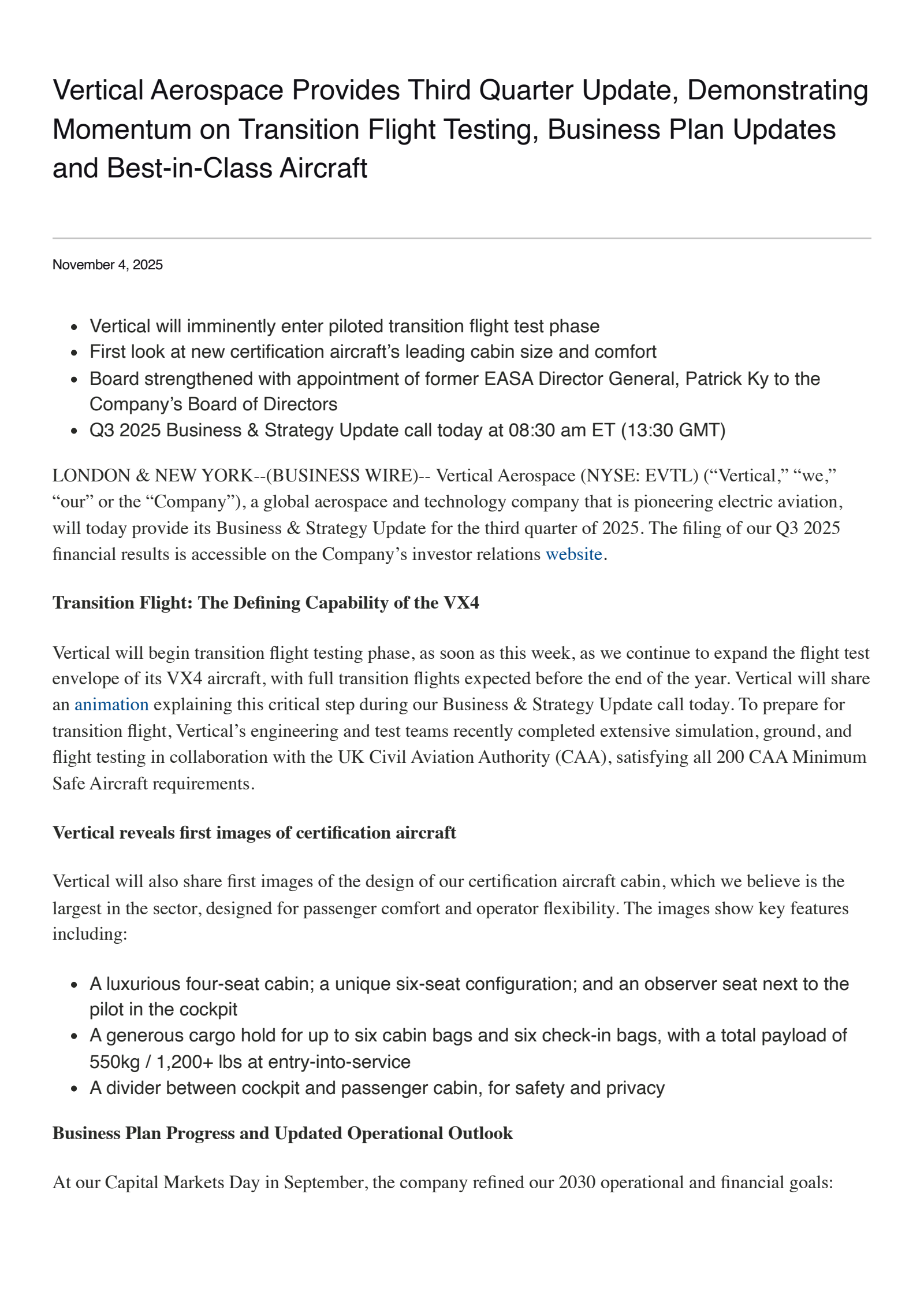 Vertical Aerospace's Q3 2025 Earnings Release