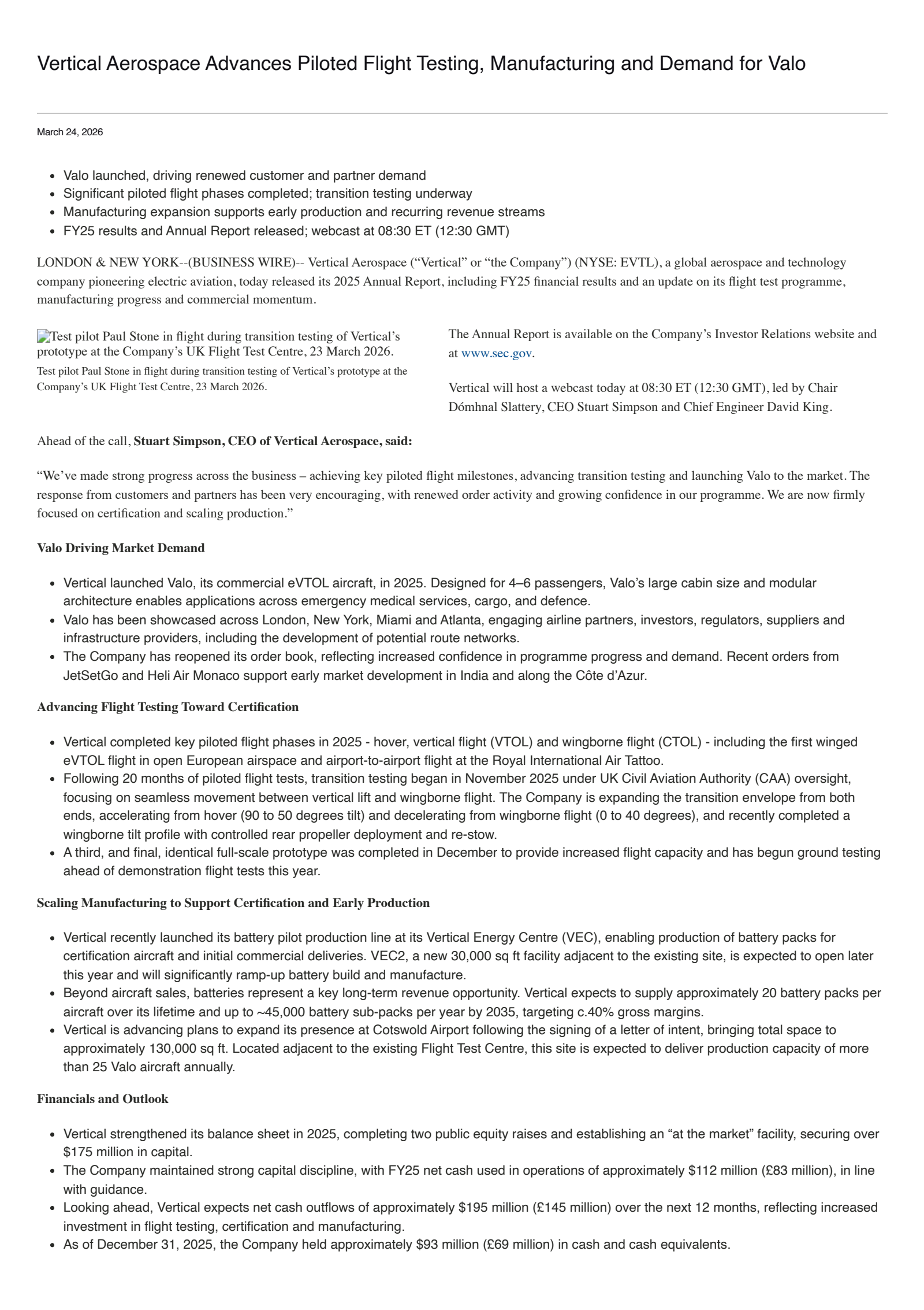 Vertical Aerospace's Q4 2025 Press Release