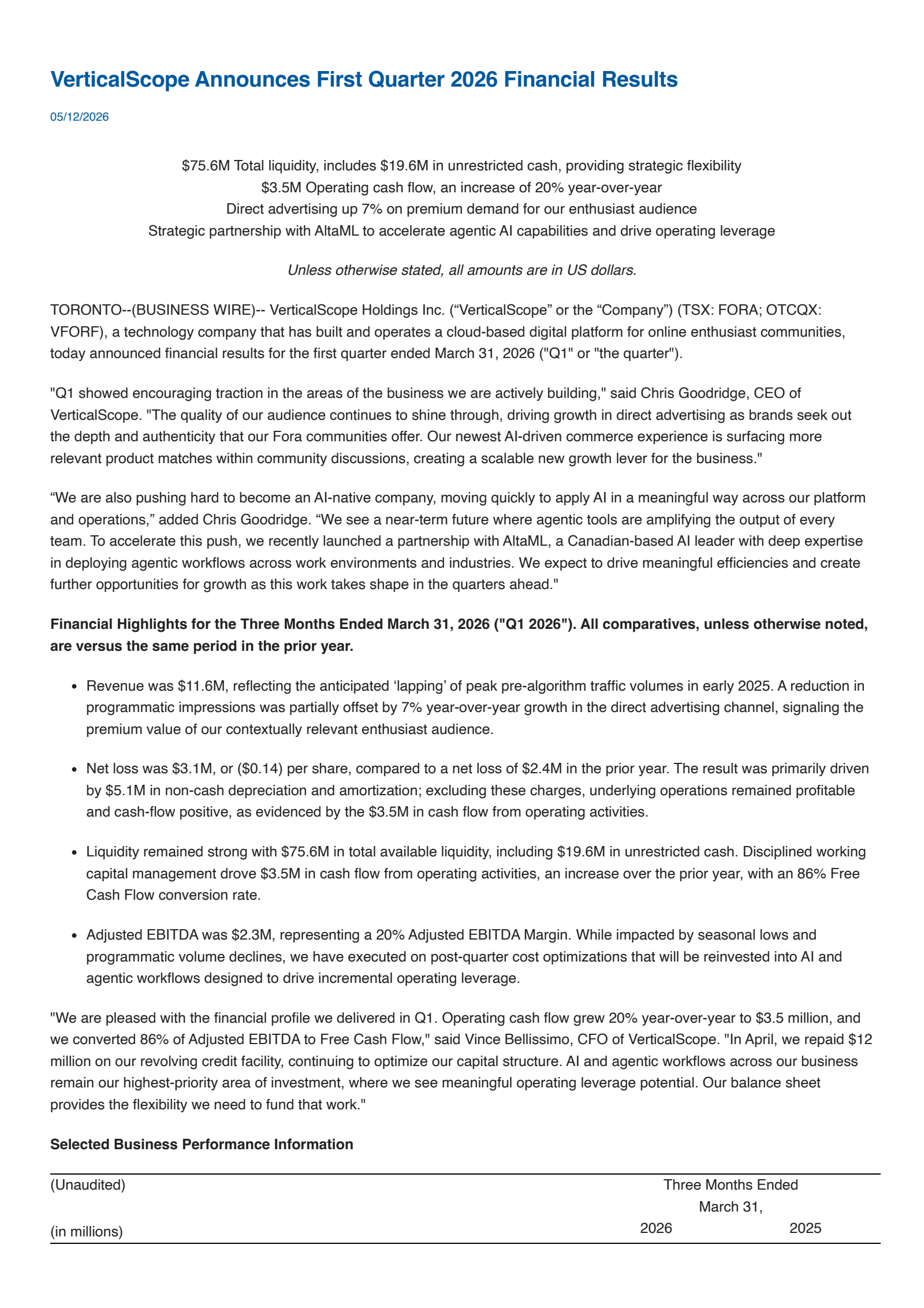 VerticalScope's Q1 2026 Press Release