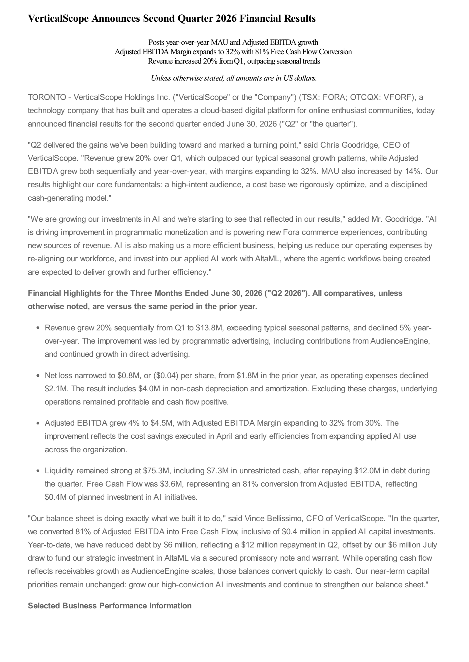 VerticalScope's Q2 2026 Press Release