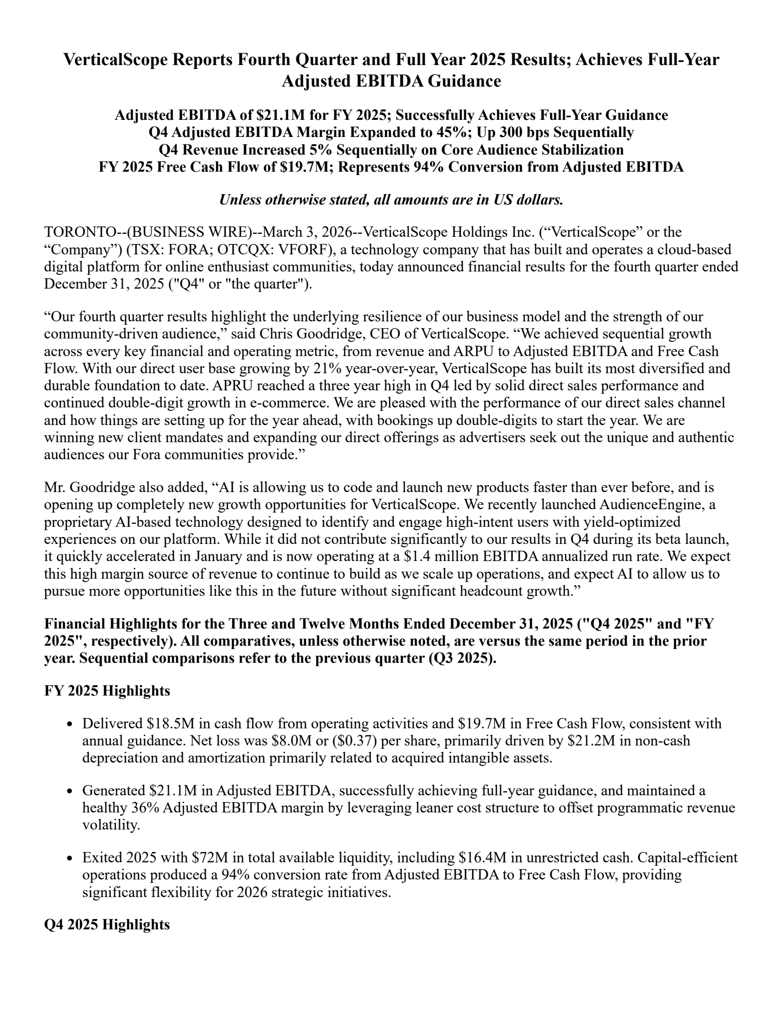 VerticalScope's Q4 2025 Press Release
