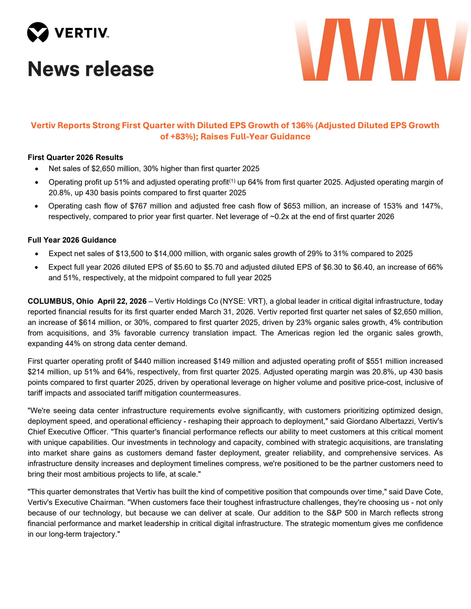 Vertiv's Q1 2026 Press Release