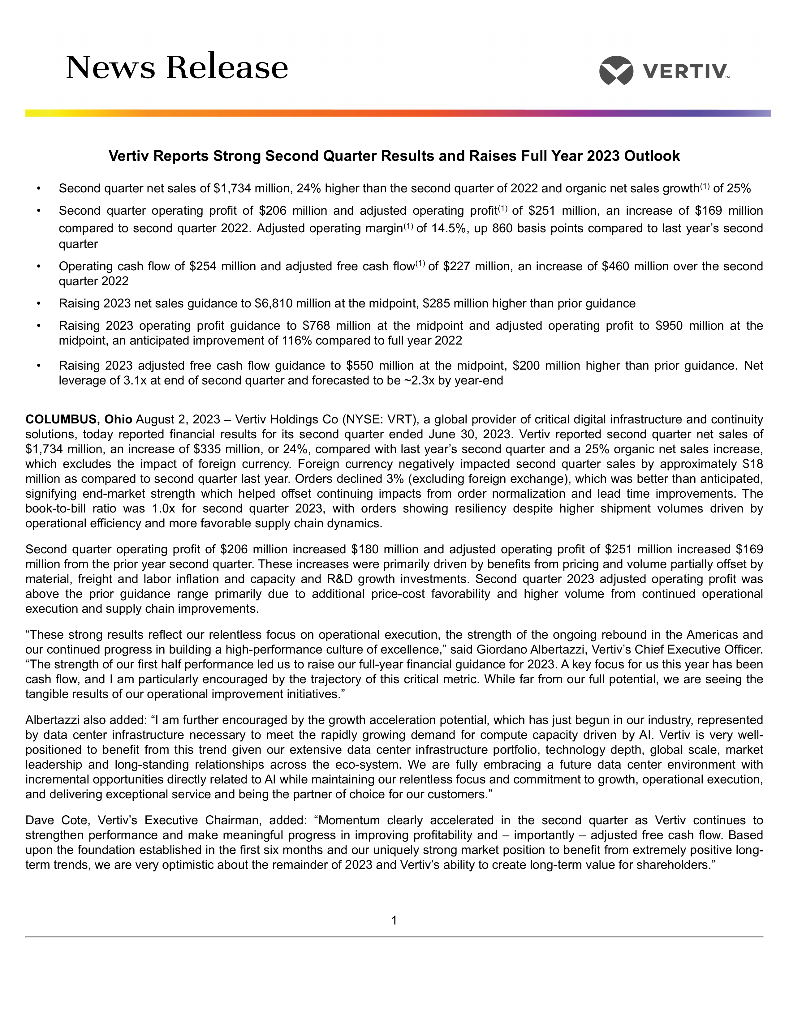 Vertiv's Q2 2023 Press Release