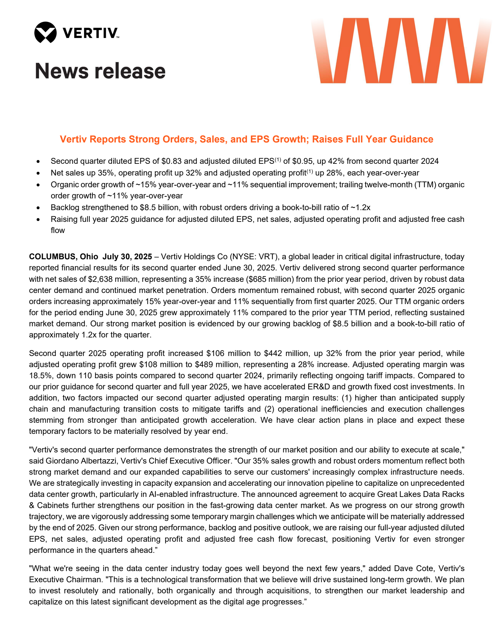 Vertiv's Q2 2025 Press Release