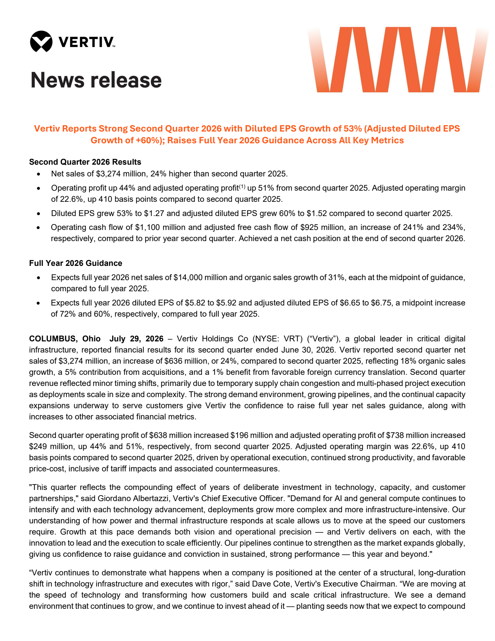 Vertiv's Q2 2026 Press Release