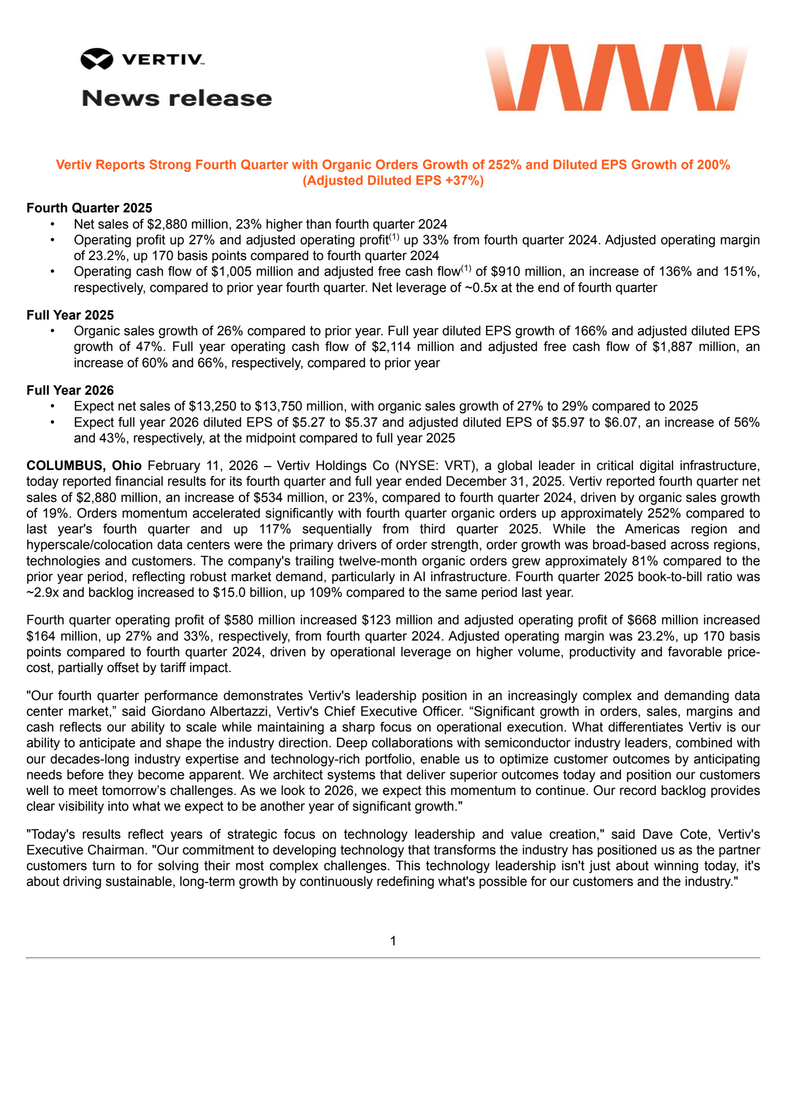 Vertiv's Q4 2025 Press Release